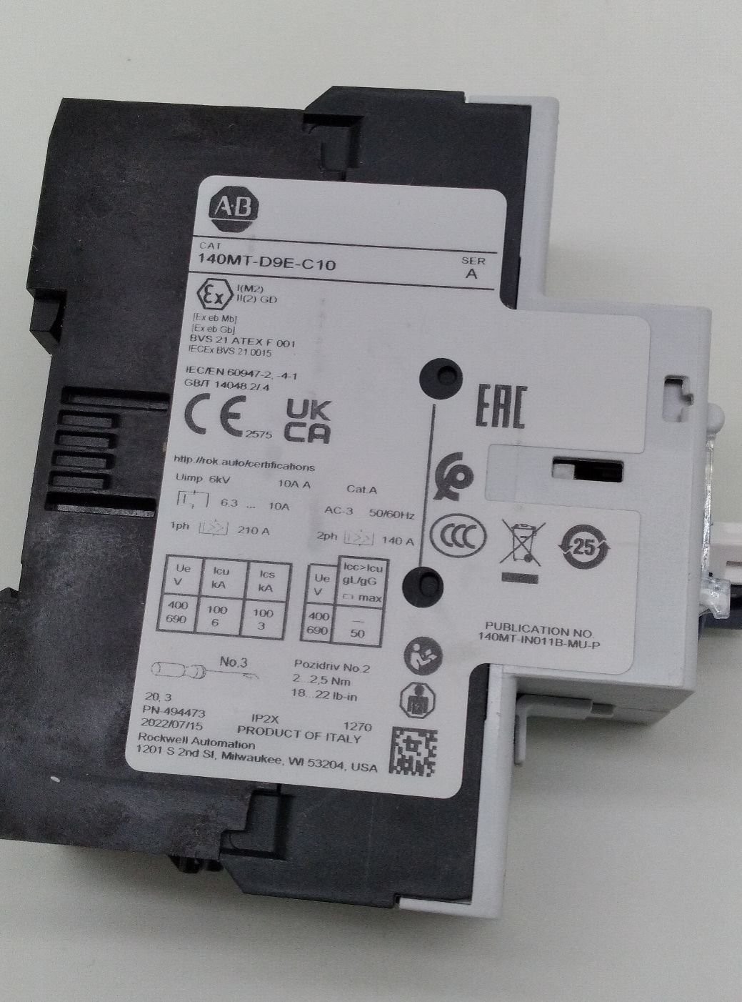 Allen-Bradley 14OMT-D9E-C10 SER.A Motor Starter/Circuit Breaker 600VAC 6.3-10 A