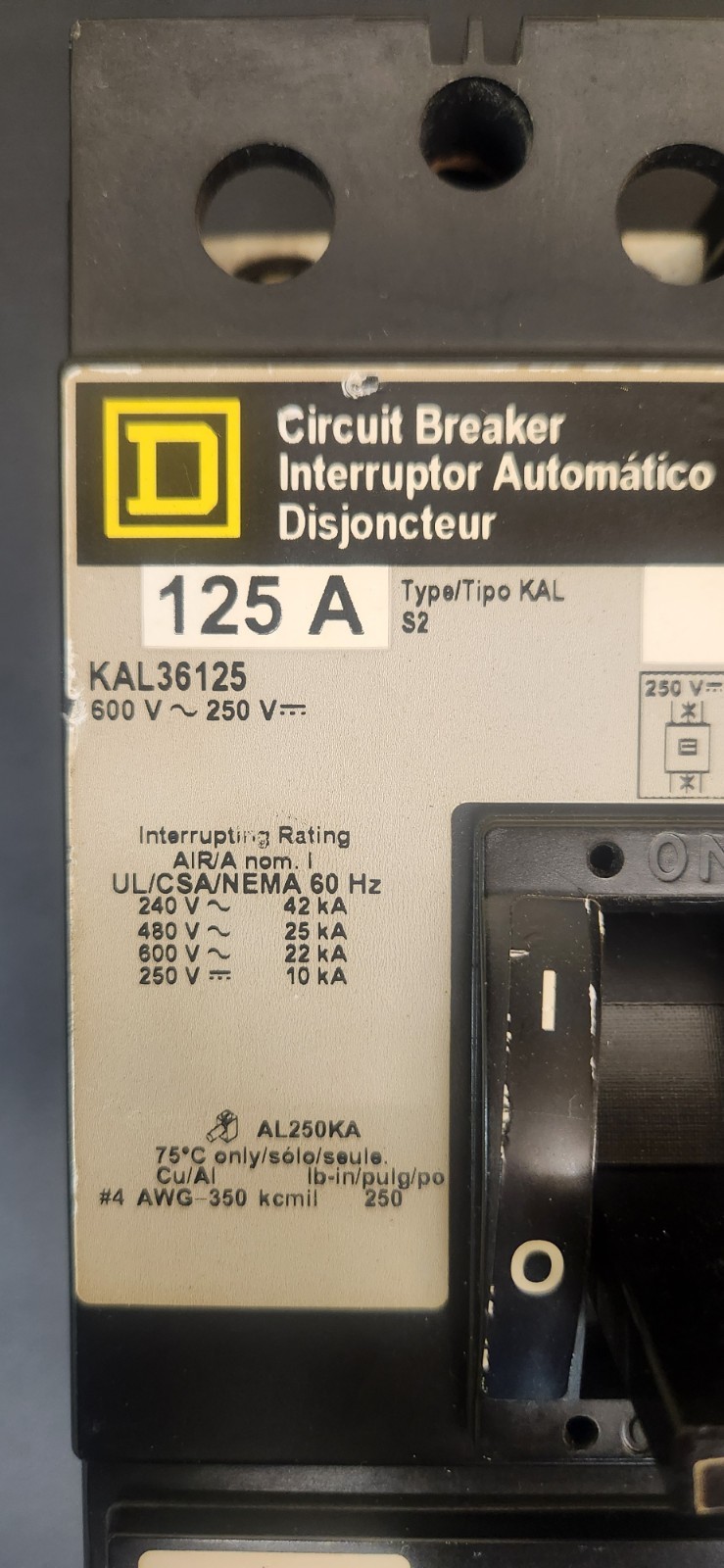 Square D KAL36125 Circuit Breaker 125A 3-Pole 600V Industrial Thermal