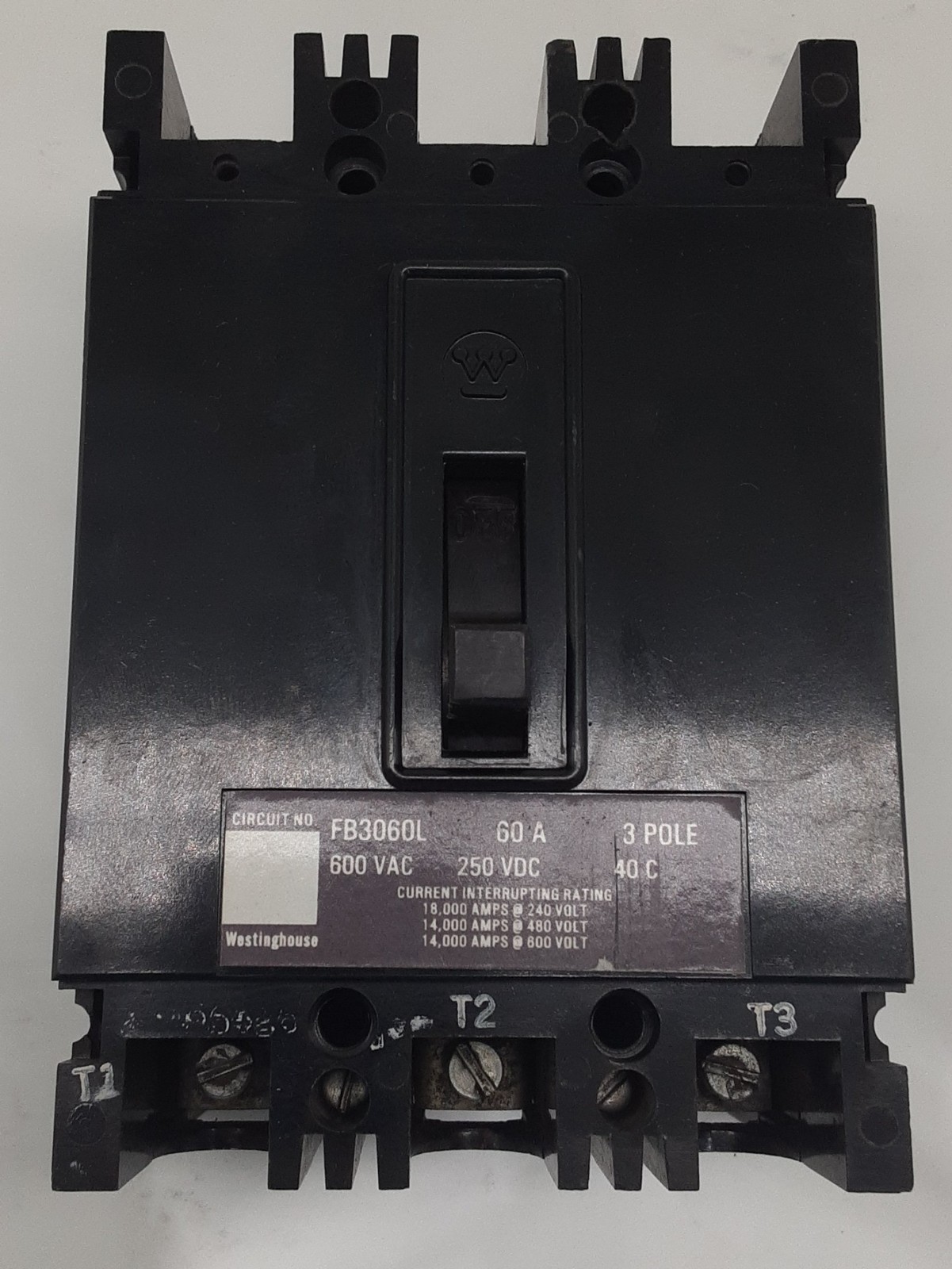Westinghouse FB3060L 3-Pole Circuit Breaker, 600VAC/250VDC 60Amp