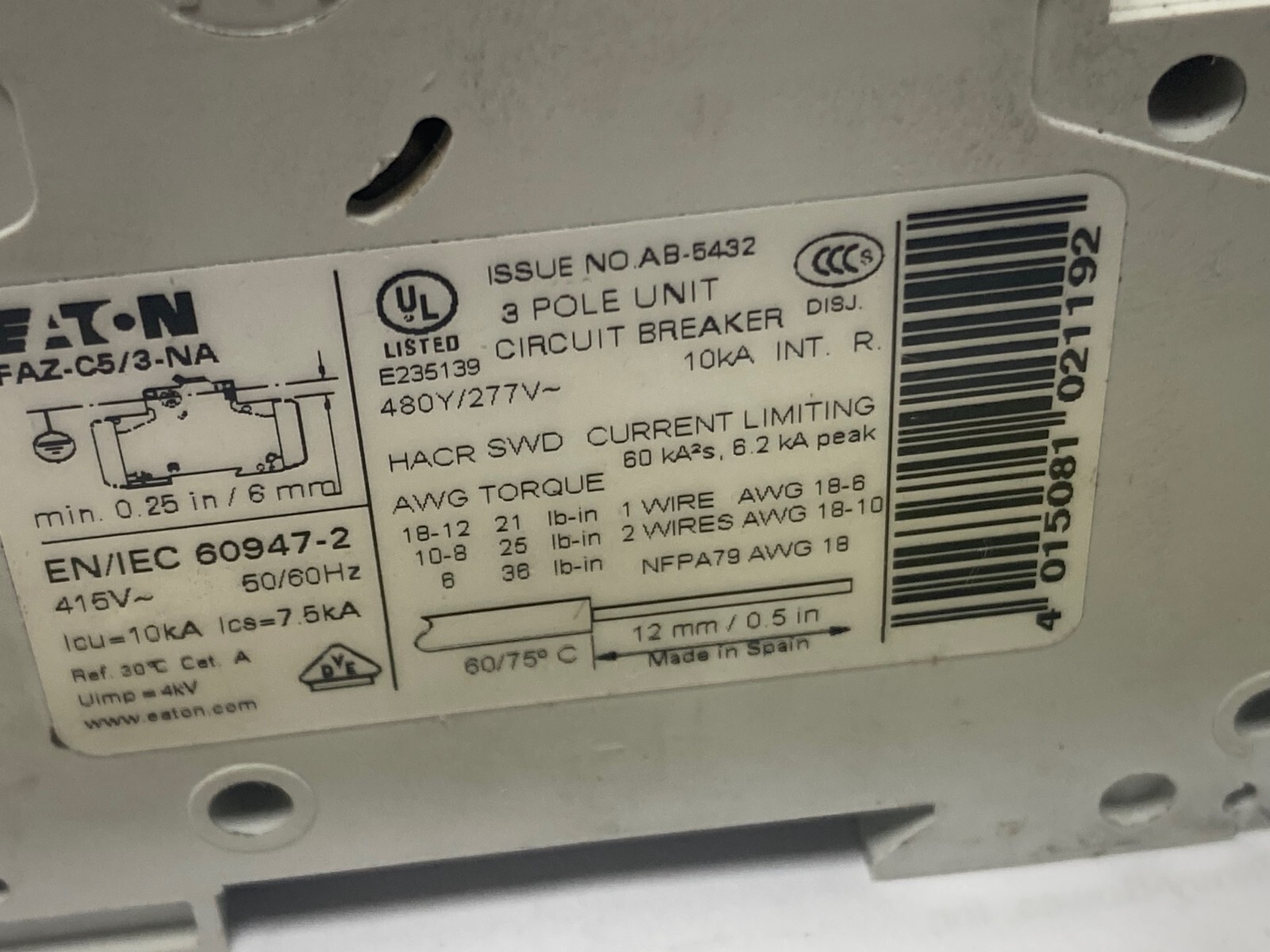 Eaton FAZ-C13/3-NA, DIN Rail Breaker, FAZ, 3P, 13A, 277/480 VAC, -4°F to 140 °F