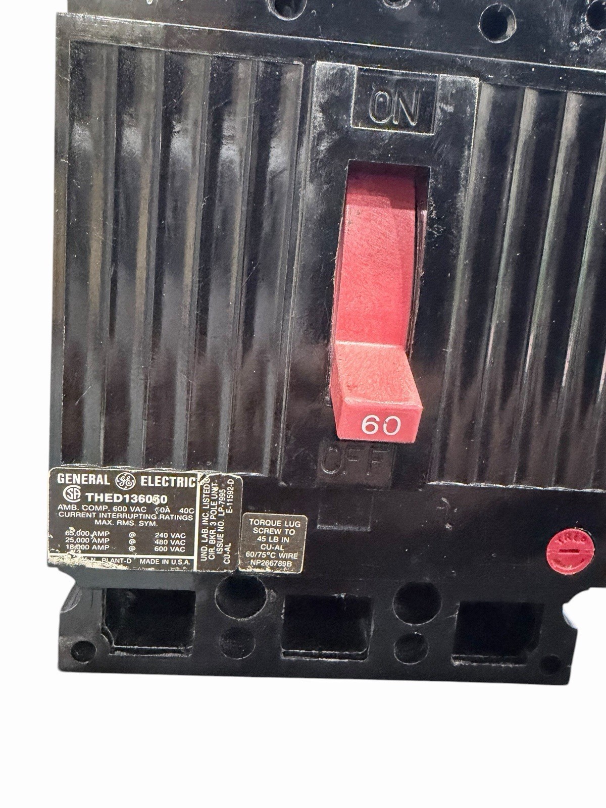 GE THED136060 600VAC 60A 3-Pole Molded Case Circuit Breaker