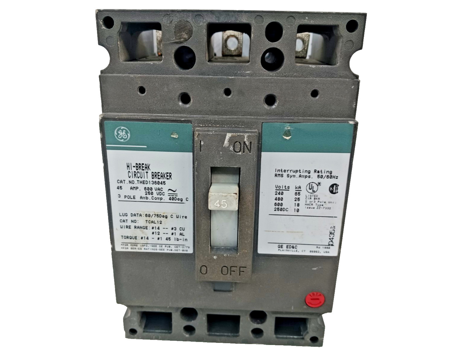 GE 45 Amp Circuit Breaker 3 Pole 600 VAC / 250 VDC THED136045