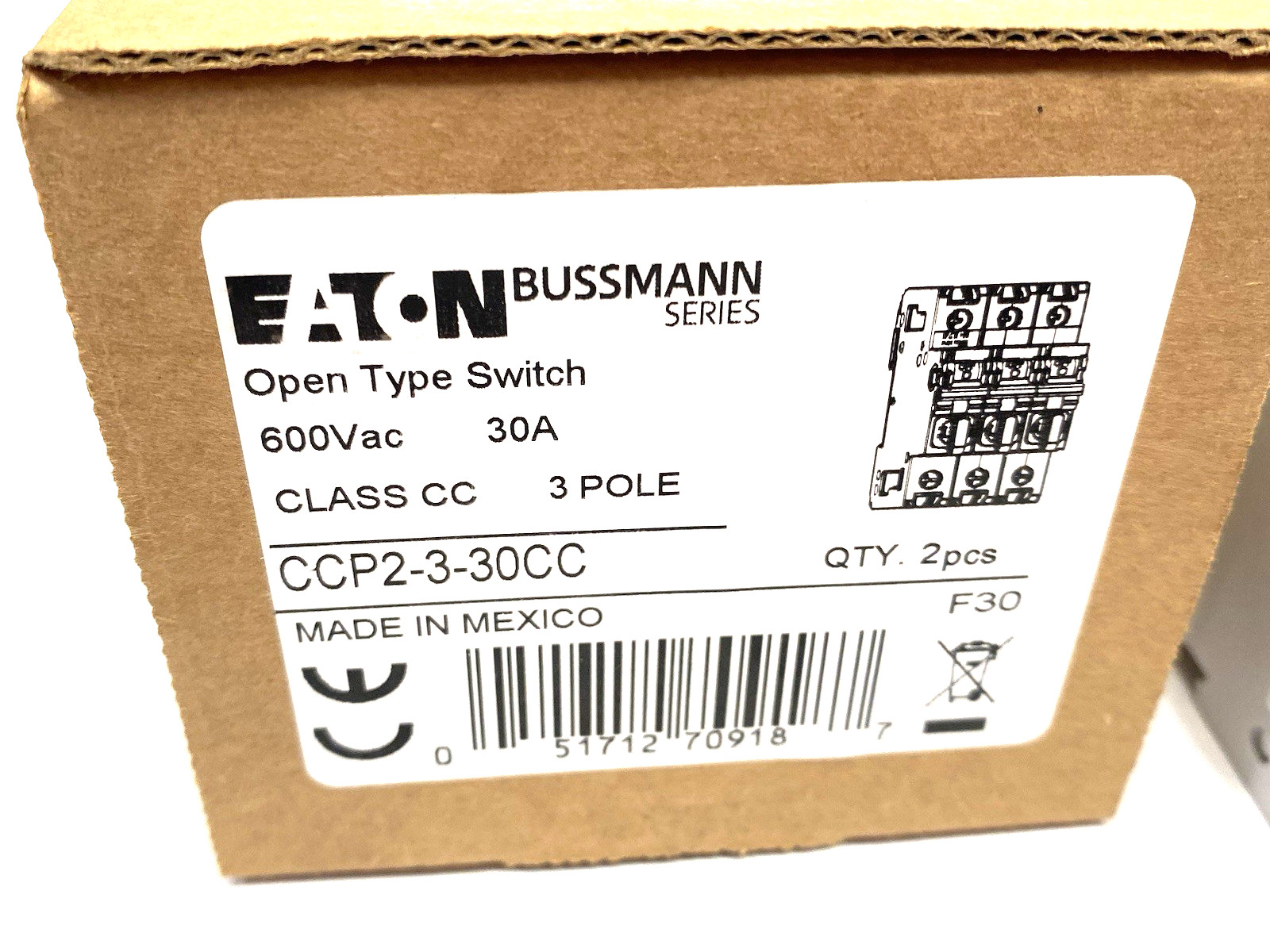 Eaton Bussmann CCP2-3-30CC Fusible Disconnect 3-Pole, Open Type Switch BOX OF 2