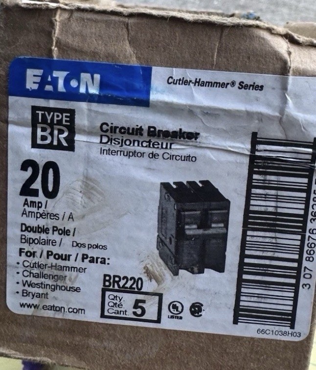 Eaton BR220 Circuit Breaker 20A 2P 120/240V Plug-In/On (5 Pack)