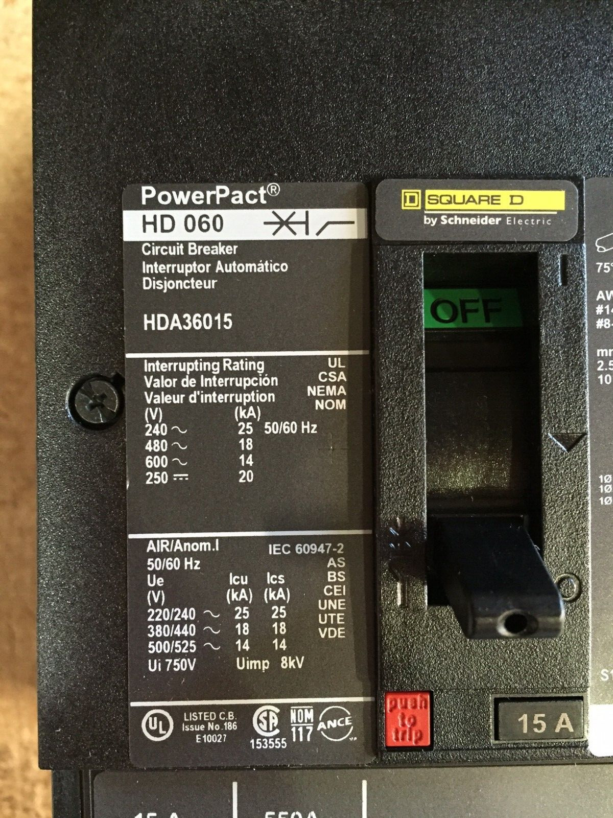 Square D HDA HDA36015 3Pole 15Amp 480/600Volt I-Line Circuit Breaker NEW