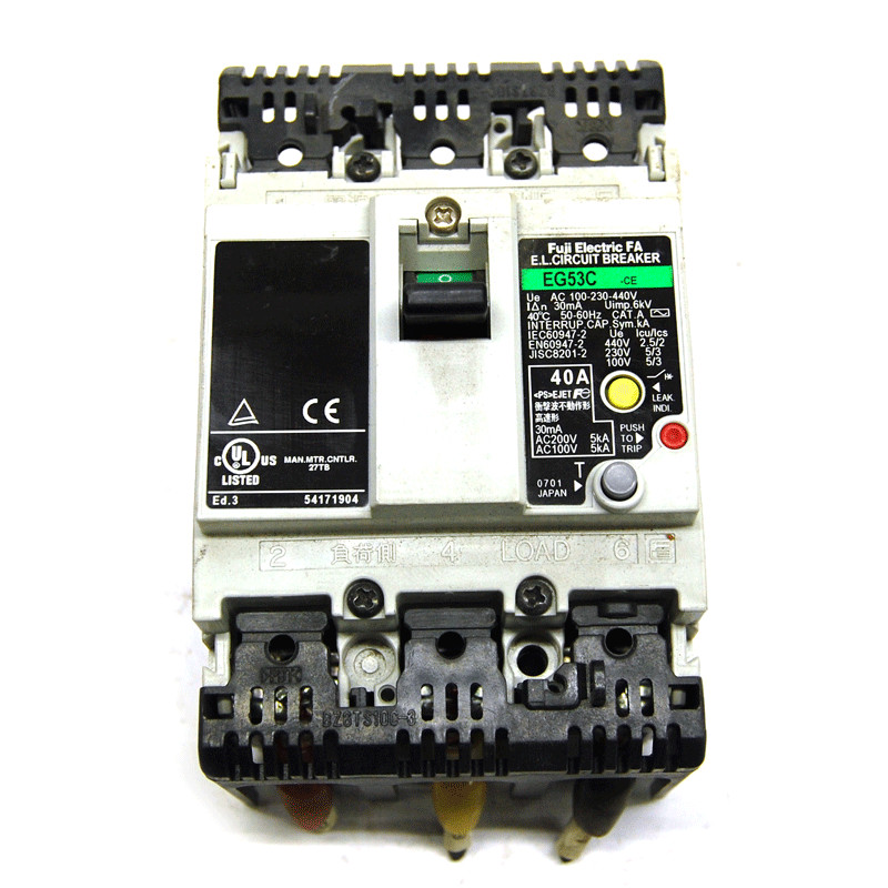 (Lot of 6) Fuji Electric EG53C-CE Earth Leakage 3-Pole 40A Circuit Breakers 440V