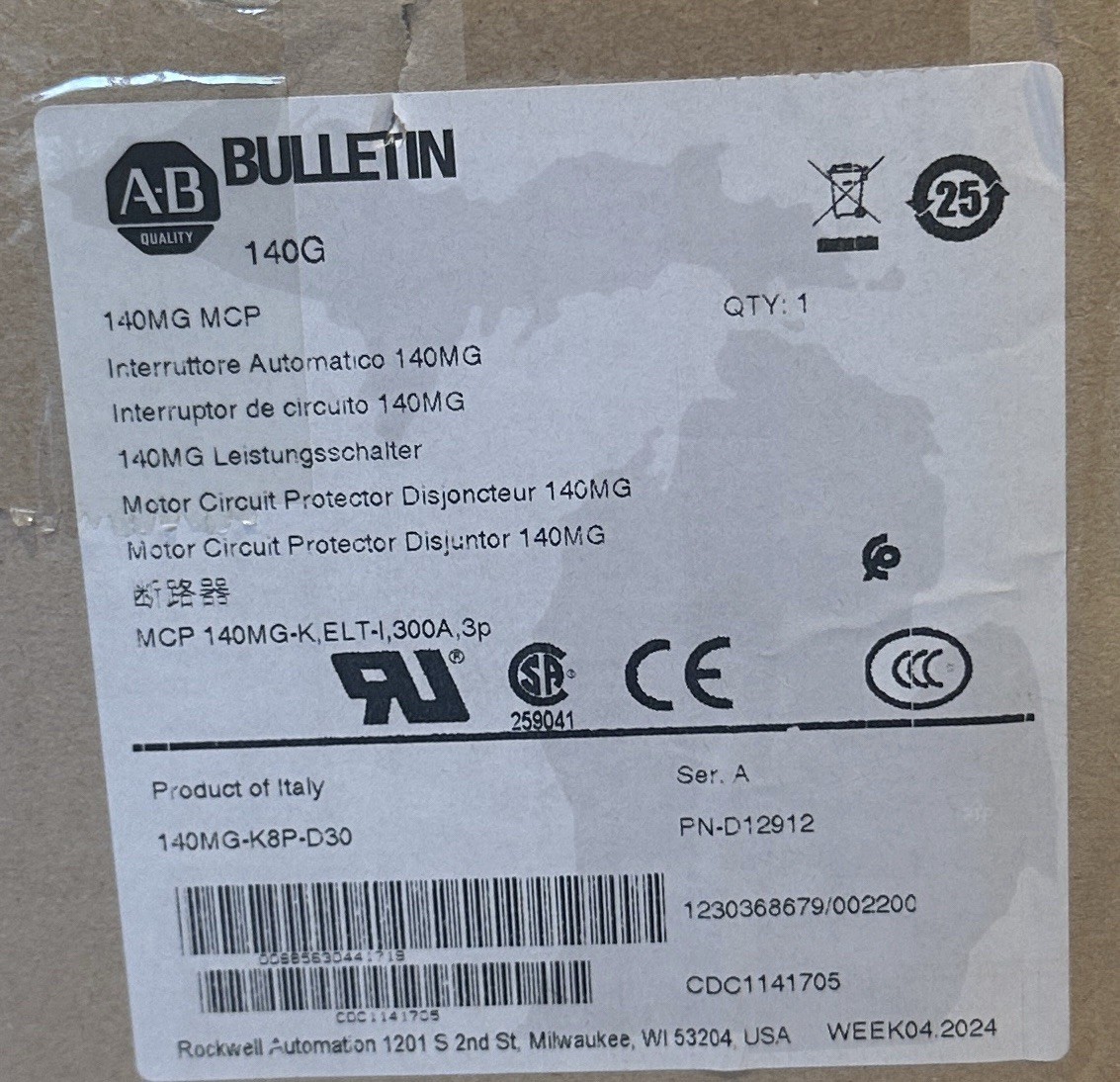 NEW SEALED ALLEN BRADLEY 140MG-K8P-D30 /A CIRCUIT PROTECTOR 300A 140MGK8PD30