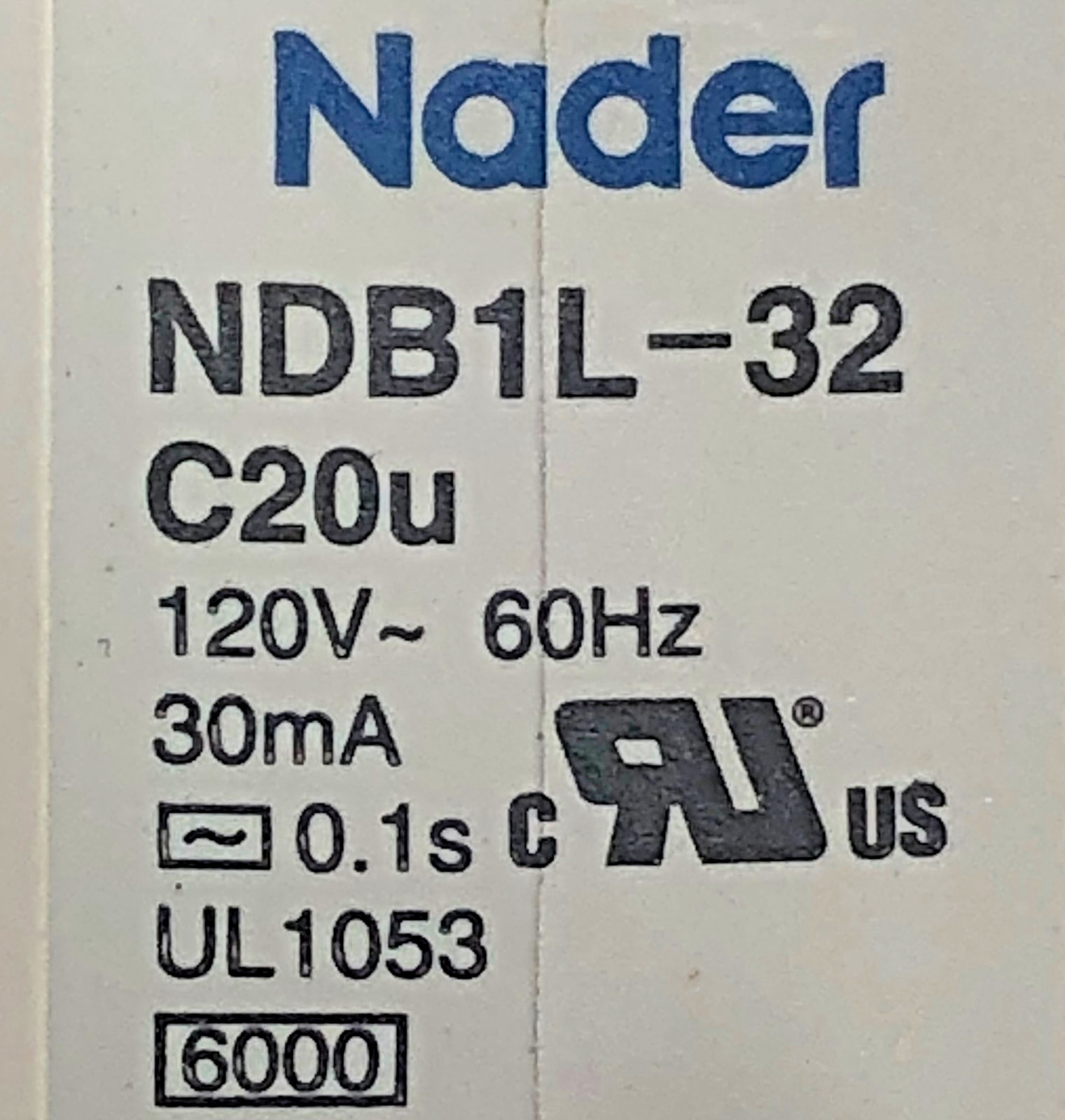 Nader NDB1L-32 Circuit Breaker DIN Rail Mount 32A 120V AC 1 Pole + Neutral Pole