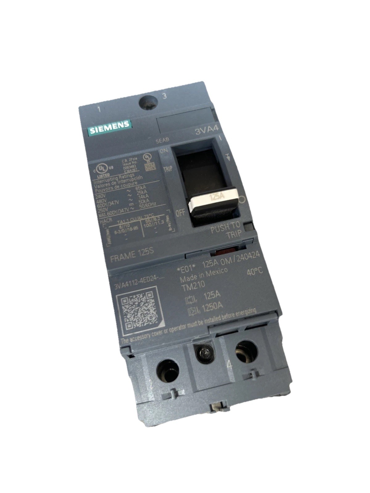 🌕 Siemens 3VA4112-4ED24-0AA0 125A 2 Pole 600Y/347V Circuit Breaker