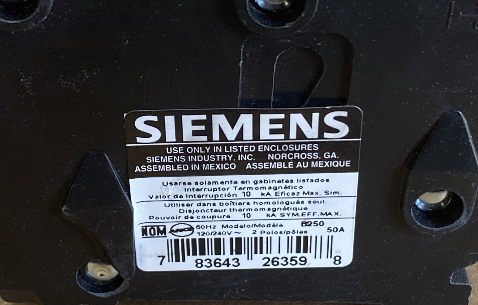 SIEMENS BREAKER B250 – 50 AMP BOLT ON 120/240V 10kA – 2PL New