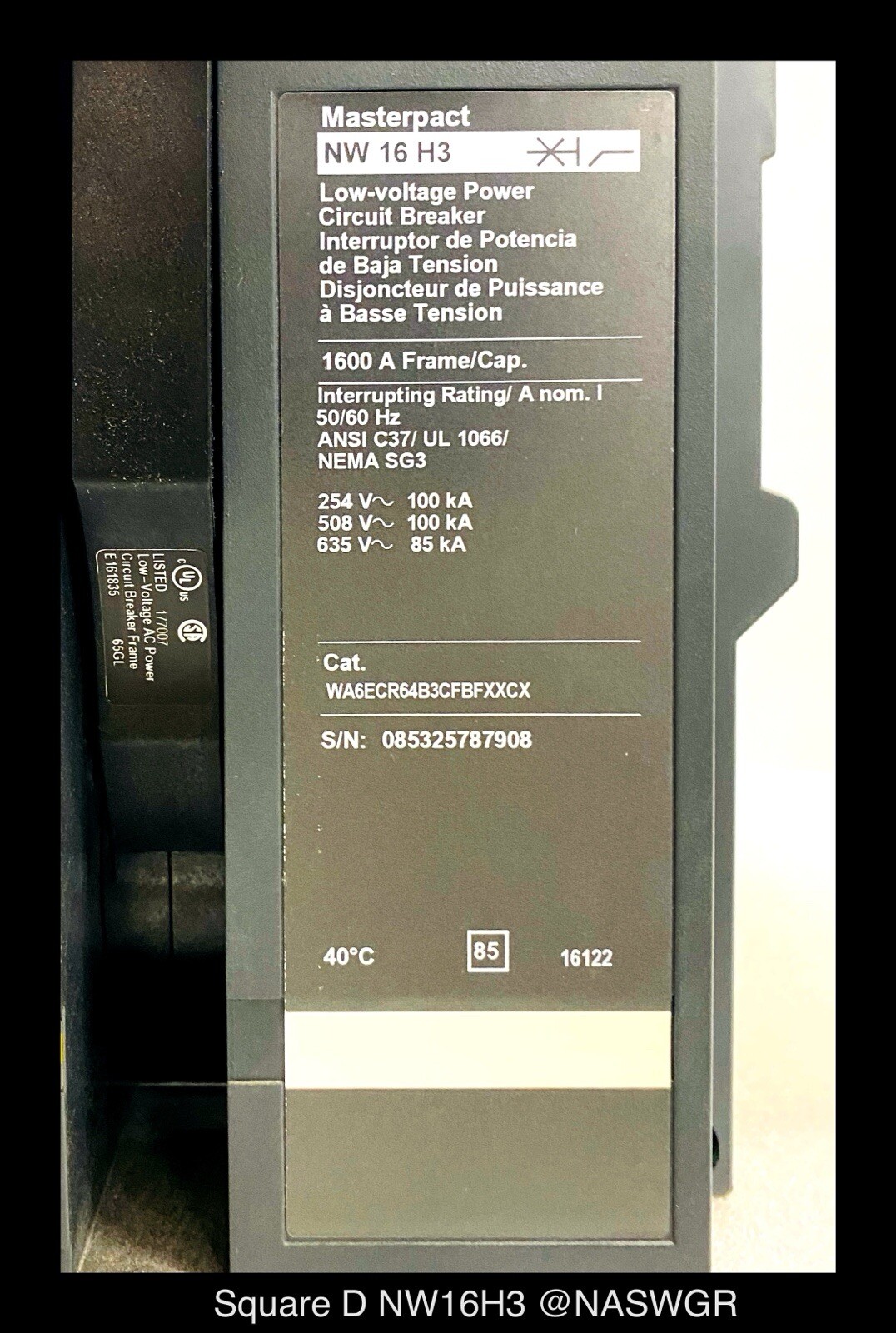 Square D MasterPact NW16H3 Breaker (E/O,D/O) – 1200 Amp – Tested/1Yr Warranty