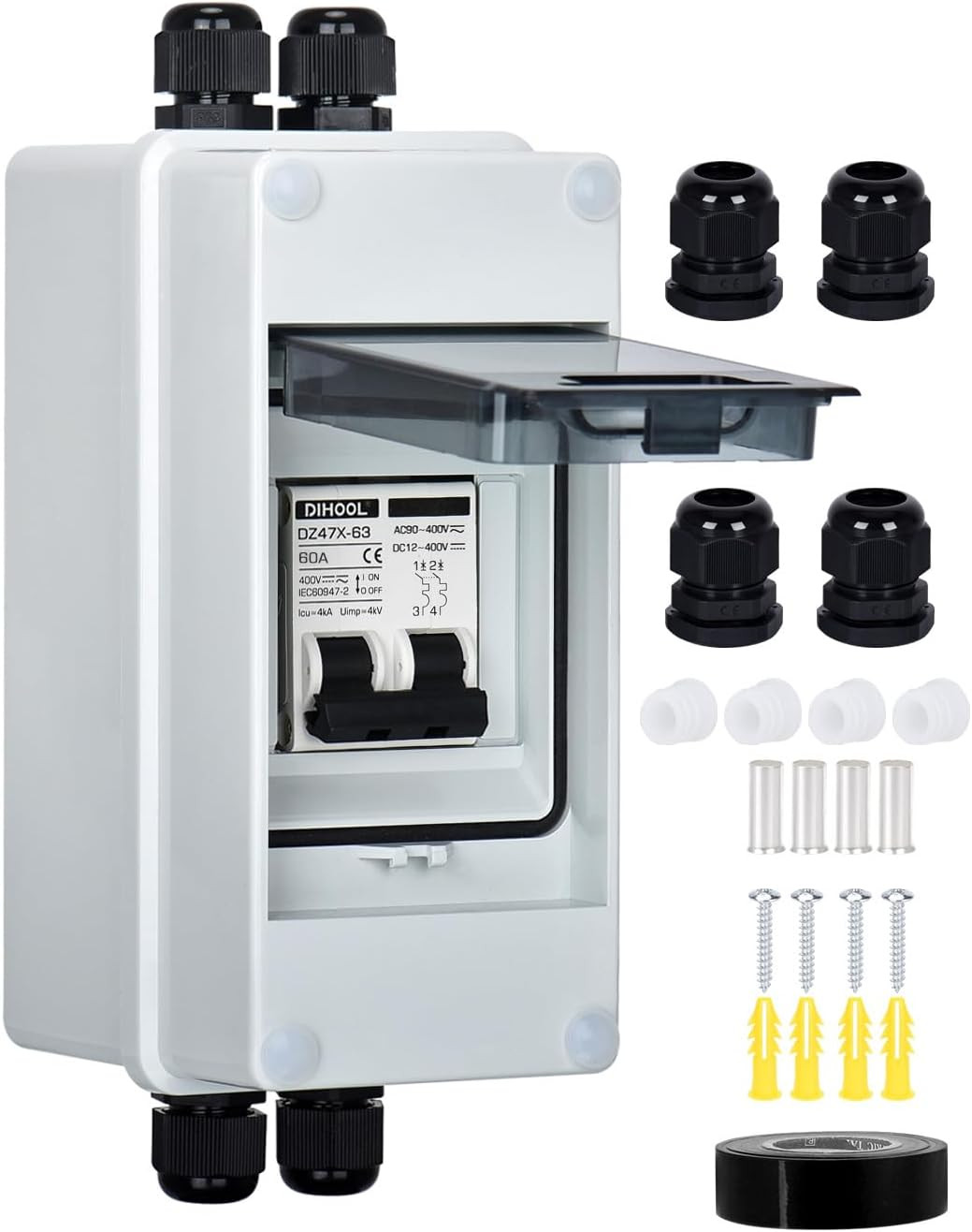 AC DC Circuit Breaker with IP65 Din Box for Solar Systems, 60 Amp 2 Pole 12V-400