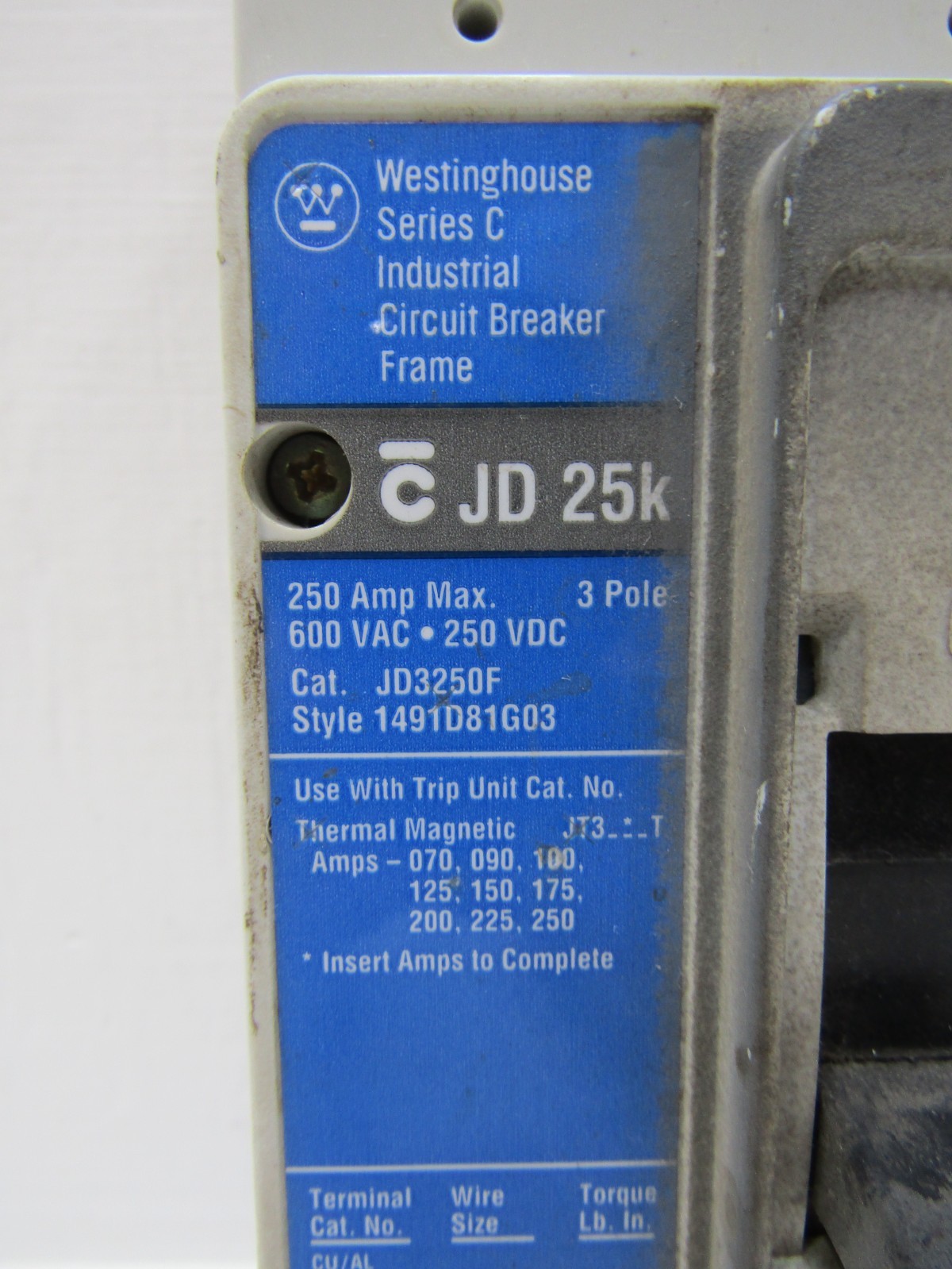 Westinghouse JD3250F 250 Amp 600V 3-Pole Circuit Breaker with 200A JT3200T Trip