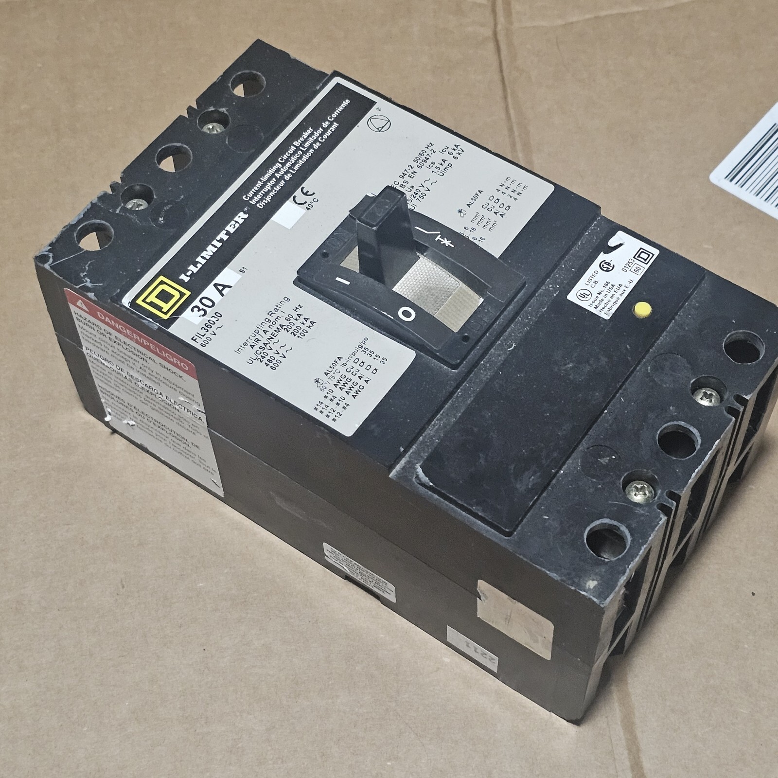 Square D FIL36030 30A I-Limiter Circuit Breaker 600V 3 Pole Square D -USED