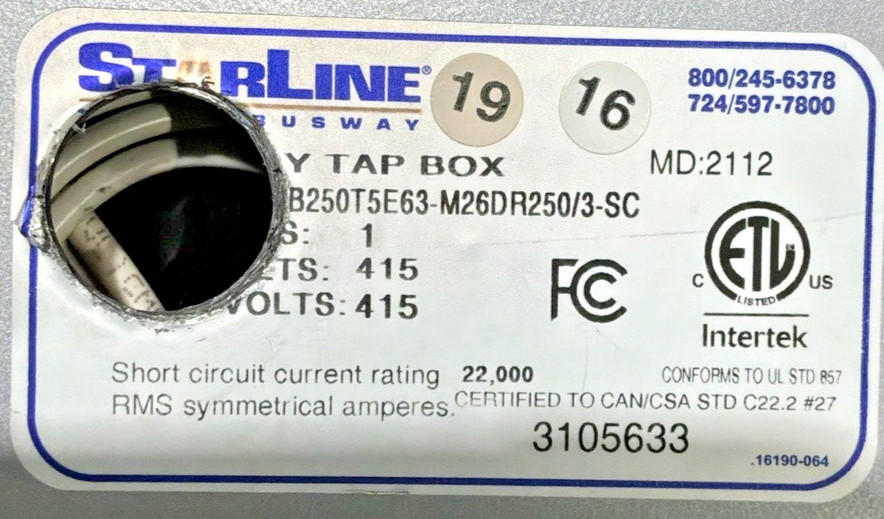 Starline 1 Amp 415V Busway Tap Box OB25OT5E63-M26DR250/3-SC🟦
