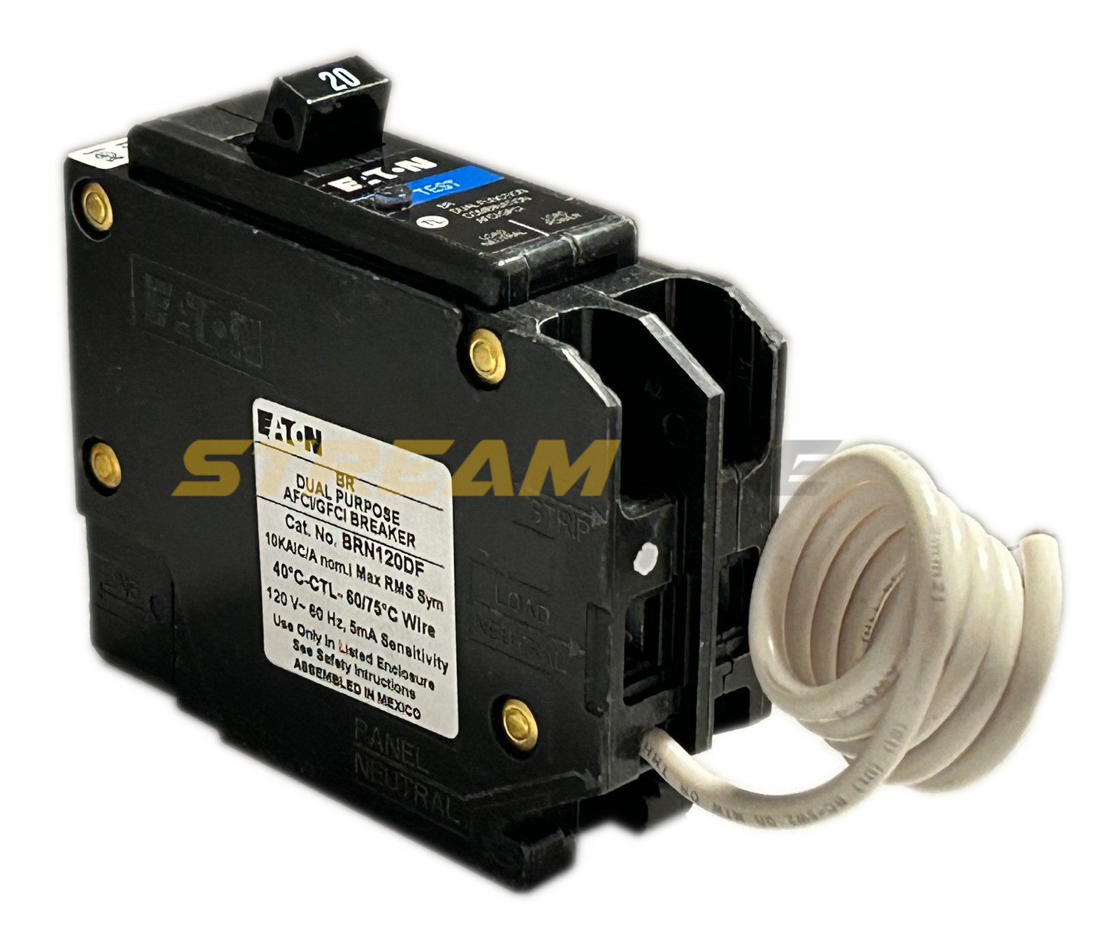 Eaton BRN120DF Arc Fault/Ground Fault Breaker, 20 Amp, 120Vac, 1-Pole, Pigtail