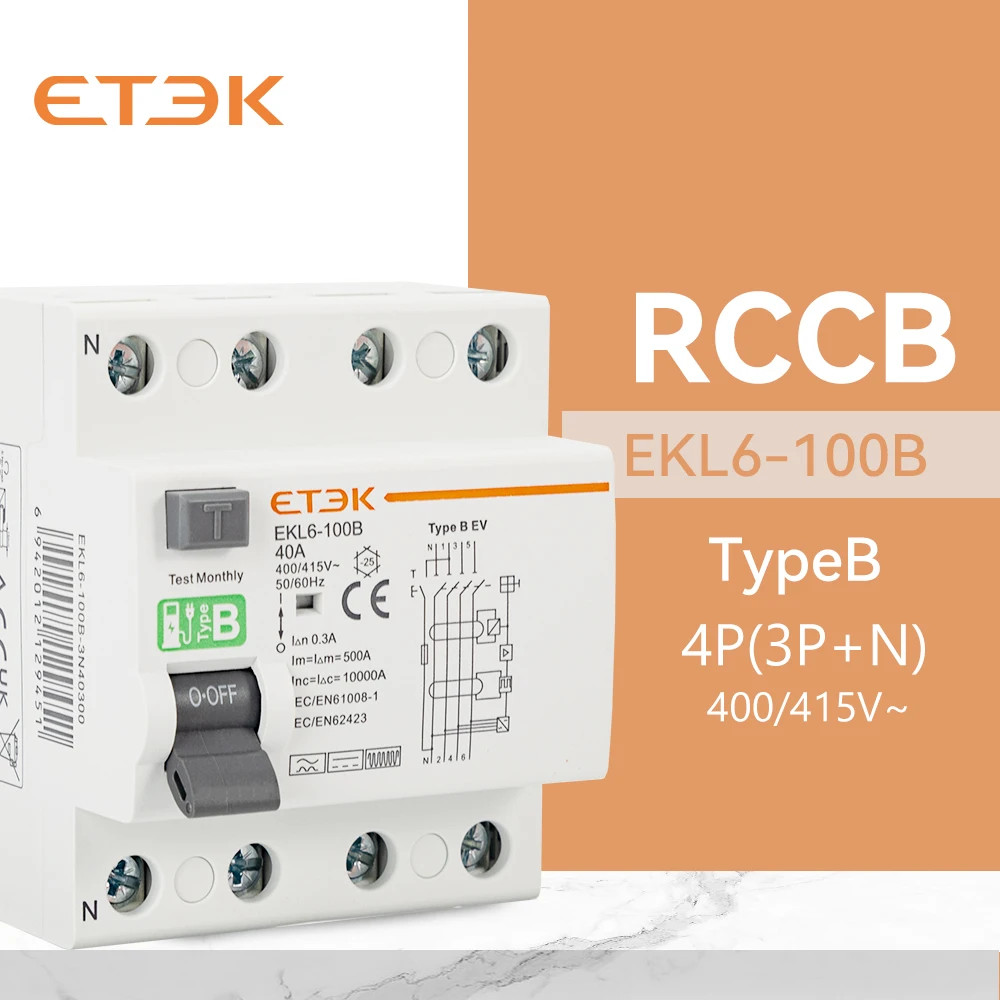 ETEK RCD RCCB Type B Earth Leakage Residual Current Circuit Breaker Evse 2P 4P 4