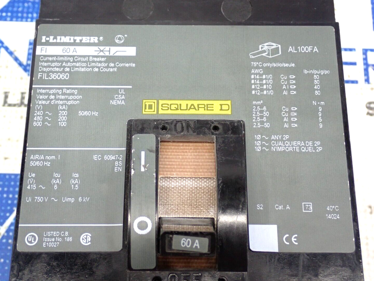 Square D FIL36060 3 Pole 60 Amp 600 Volt 200kA@480V I-Limiter Breaker – Tested