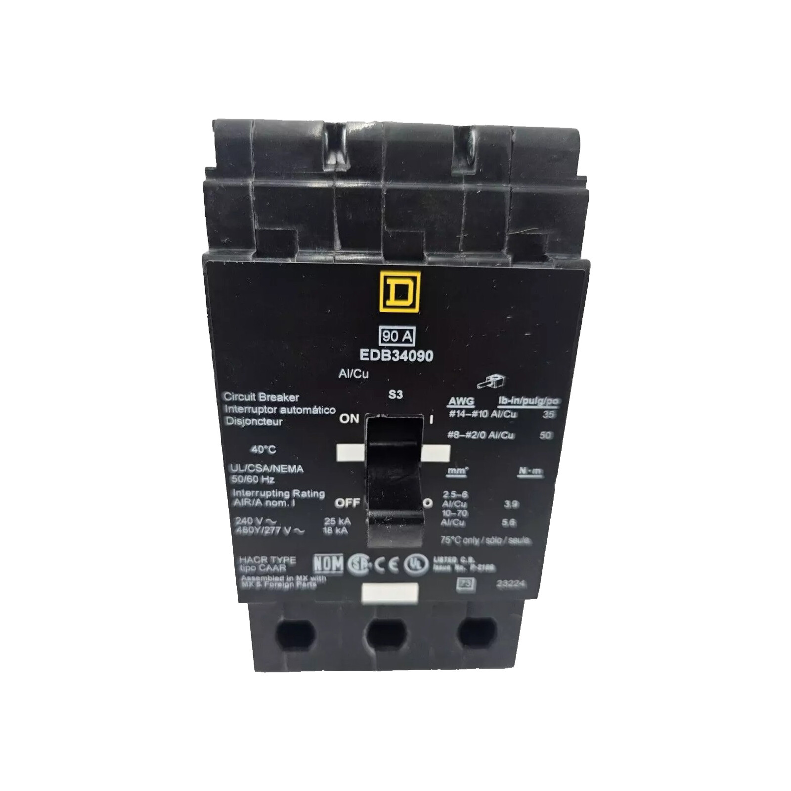 NIB – Square D – EDB34090 – Mini Circuit Breaker, 90A, 3 Pole, 480Y/277 Vac, 25