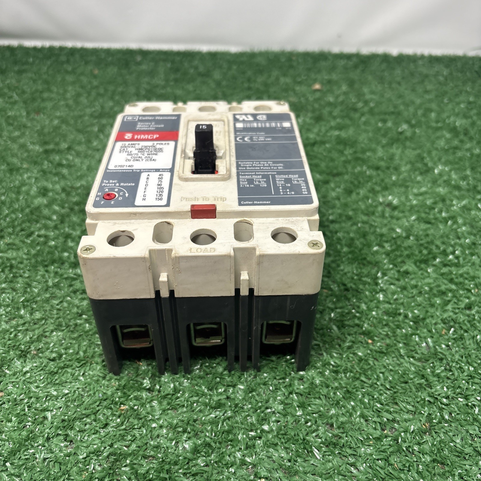 Used EATON /Cutler Hammer HMCP015EOC 15 Amp 600 Volt 3 Pole Circuit Breaker