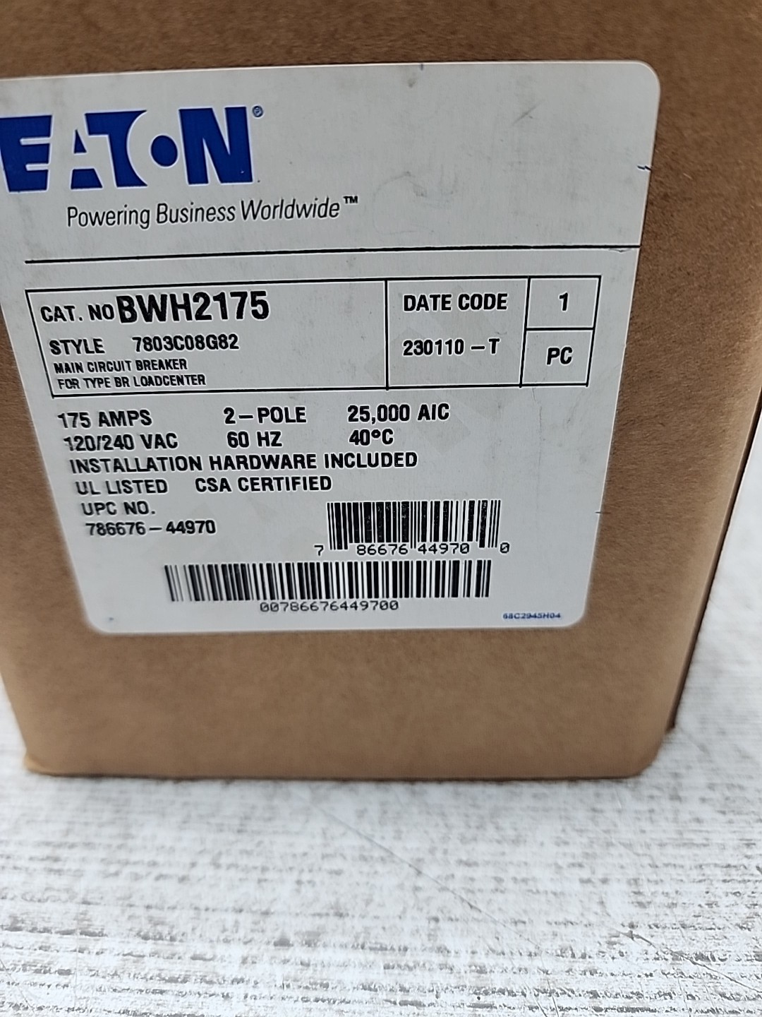 Eaton BWH2175 2 Pole 175 Amp 120/240v Type BWH 25k