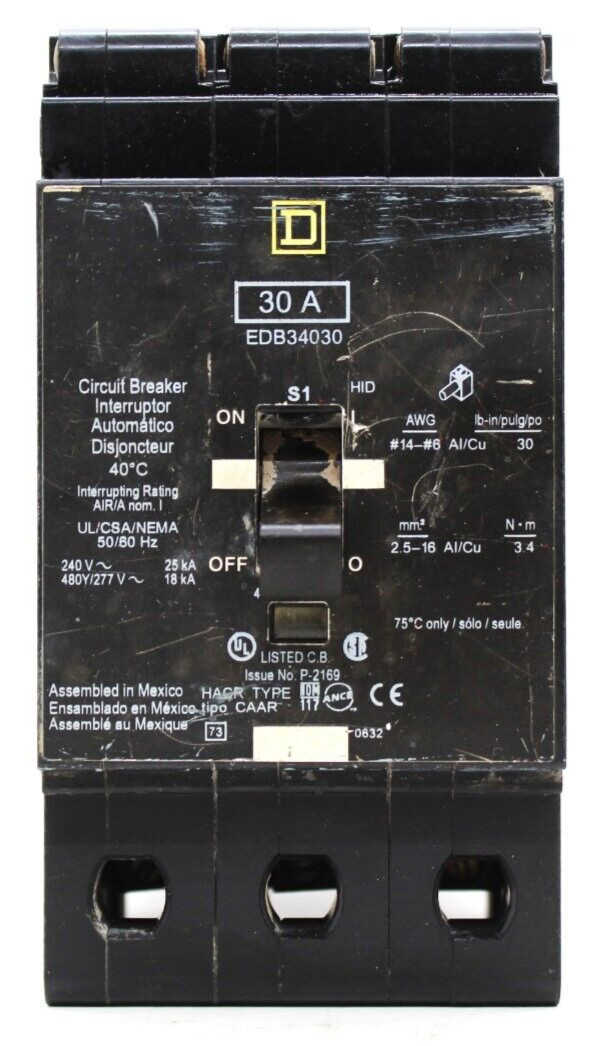 SQUARE D CIRCUIT BREAKER EDB34030 – 30 AMP 3 POLES