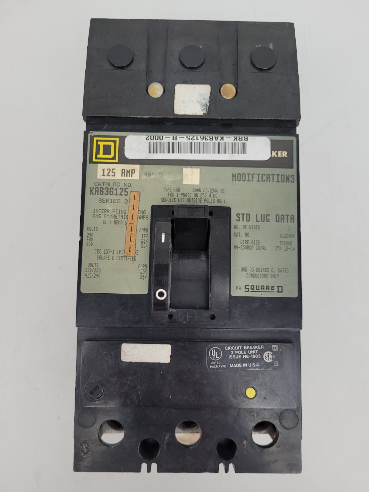 KAB36125 Square D 125 Amp 600 Volt I-Line Circuit Breaker – Next Day Option