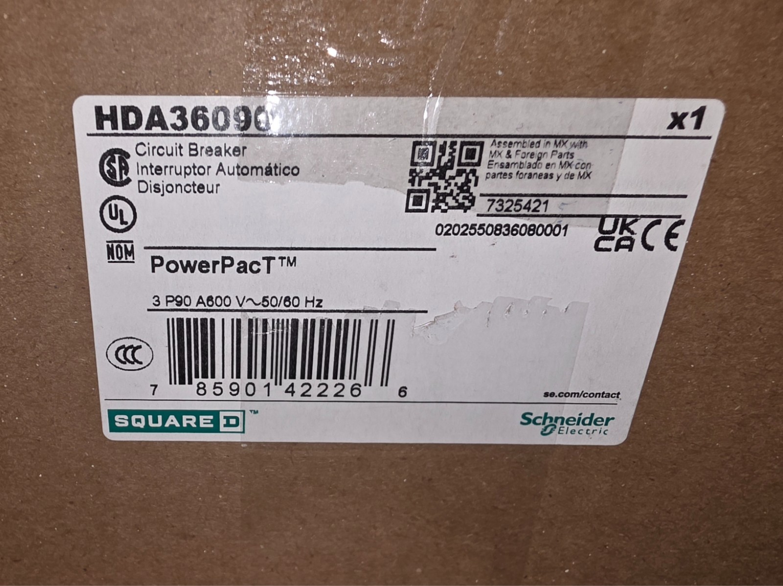 Square D HDA36090 PowerPact Circuit Breaker 90A 3-Pole 600VAC
