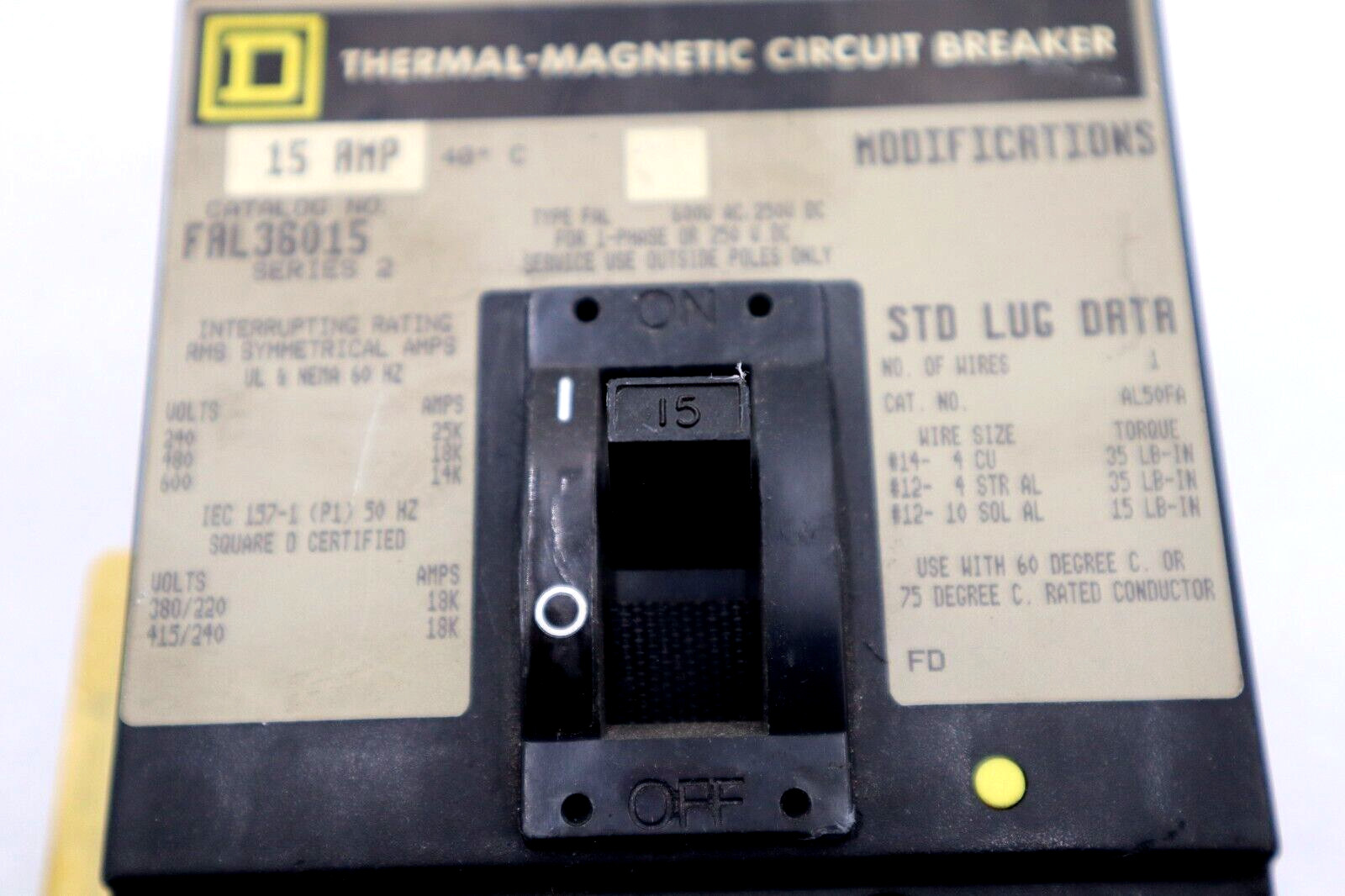 THERMAL MAGNETIC CIRCUIT BREAKER FAL36015 SERIES 2 15AMP SQUARE D #L-502