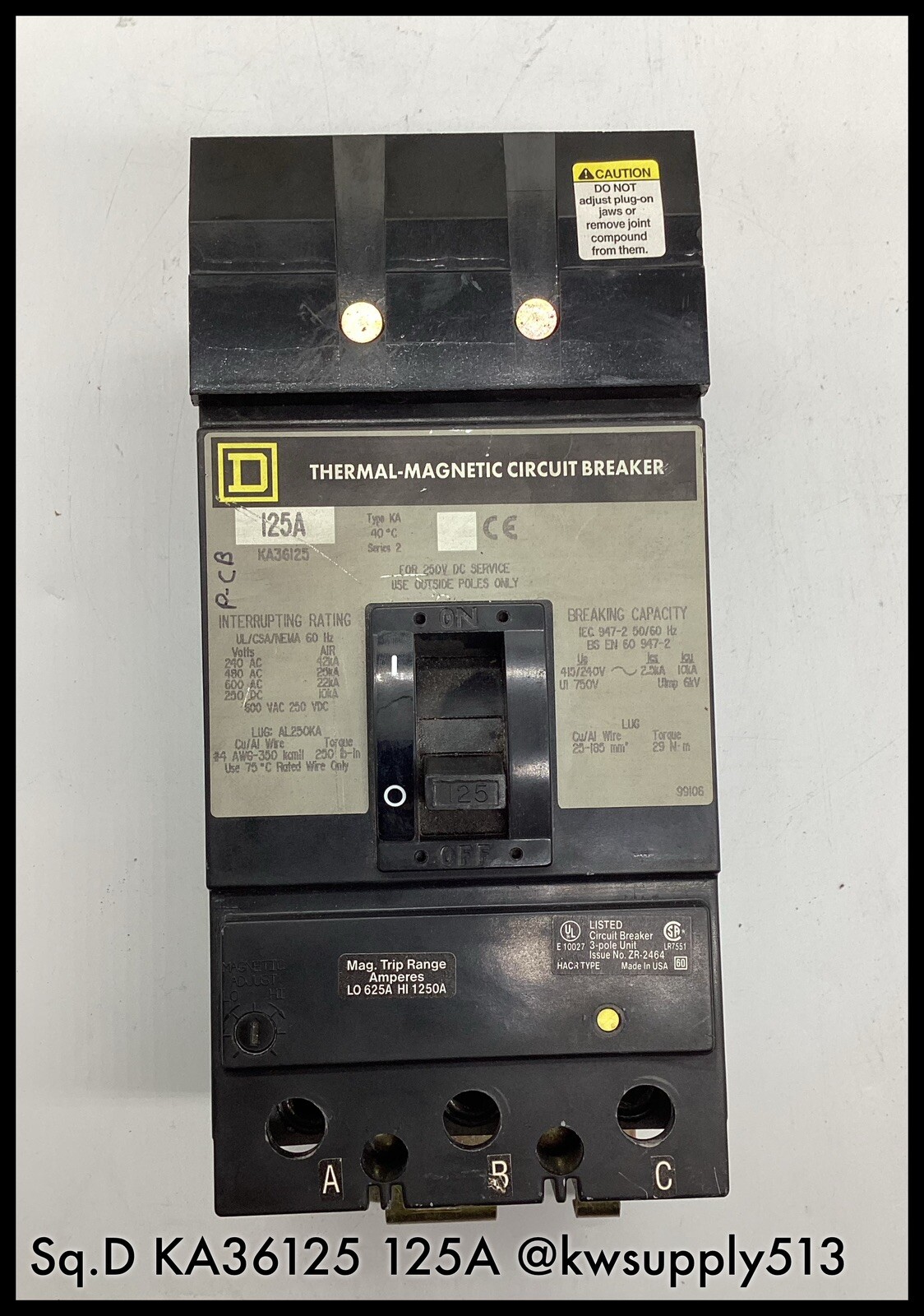 KA36125 ~ Square D KA36125 600 VAC -250 VDC 125 A I-Line TMCB~ B Lugs
