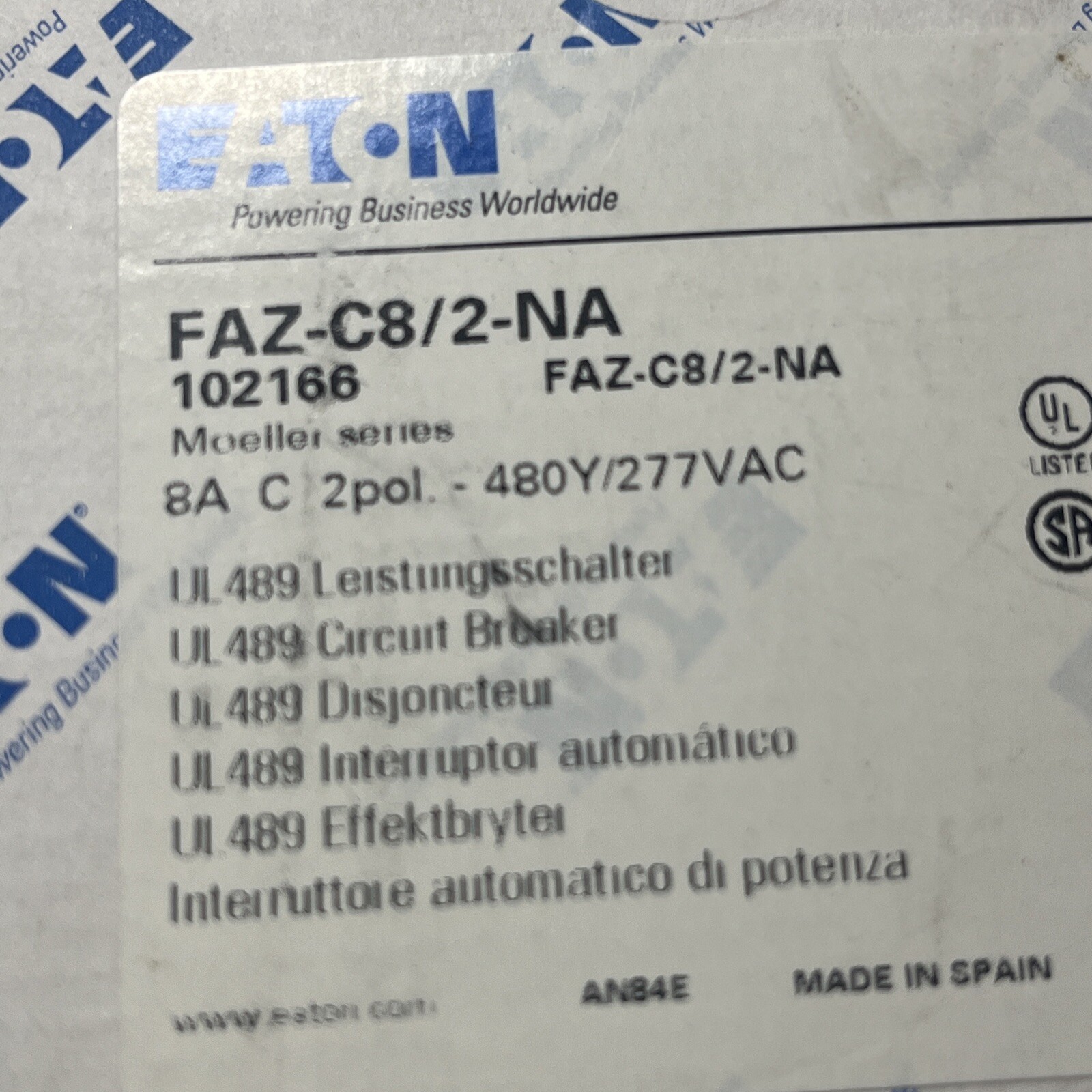 Eaton FAZ-C8/2-NA 2 Pole 8A Trip C Miniature Circuit Breaker 102166, NEW