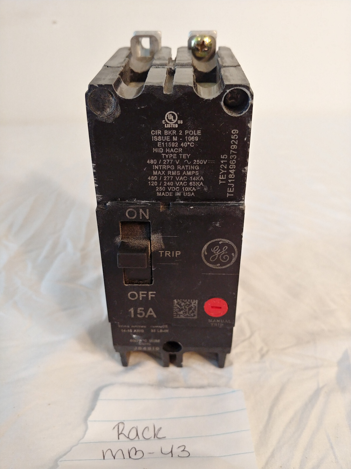 Ge Tey215 Molded Case Circuit Breaker, 15 A, 277/480V Ac, 2 Pole, Bolt On