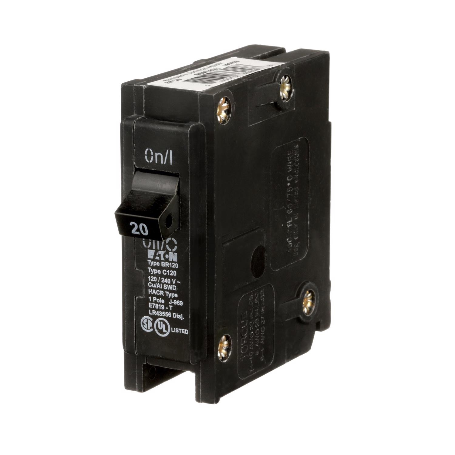 Eaton BR120 20A 1-Pole Plug-On Type BR Circuit Breaker 3 L x 3 H x 1 W in.