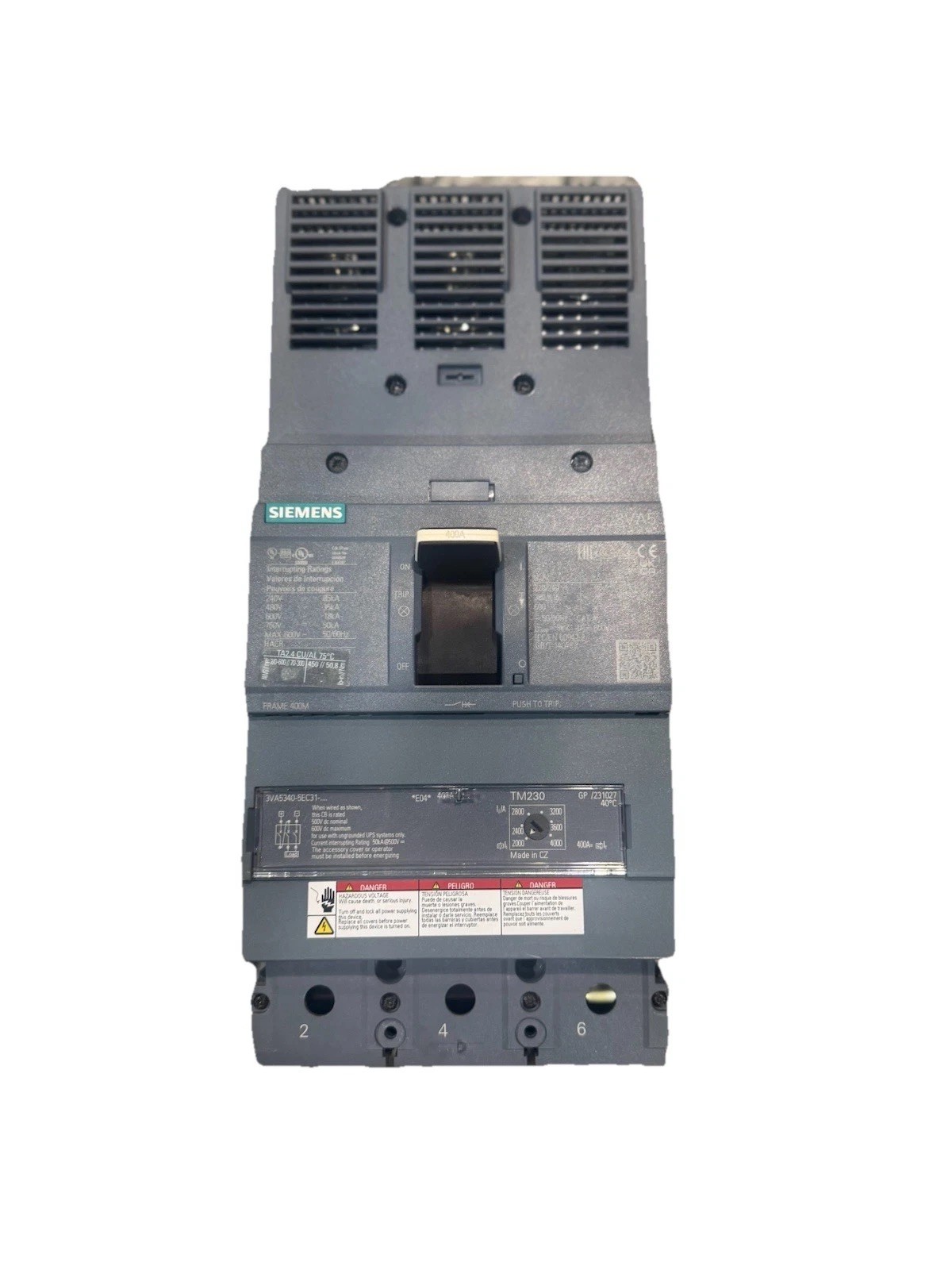Siemens 3VA5340-5EC31-0AA0 Circuit Breaker 400A 3-Pole 600V + TM230 Trip Unit