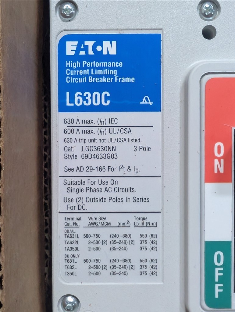 NEW EATON L630C 500A LGC3500FAG Circuit Breaker 690VAC 100k AIC@480VAC 600AFrame