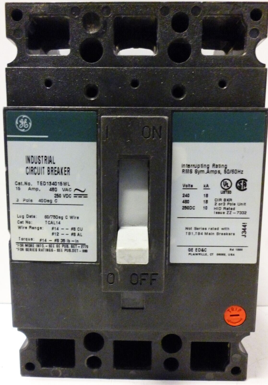 NEW GENERAL ELECTRIC/ABB TED134015WL Circuit Breaker 15 AMP 14KAIC@480V