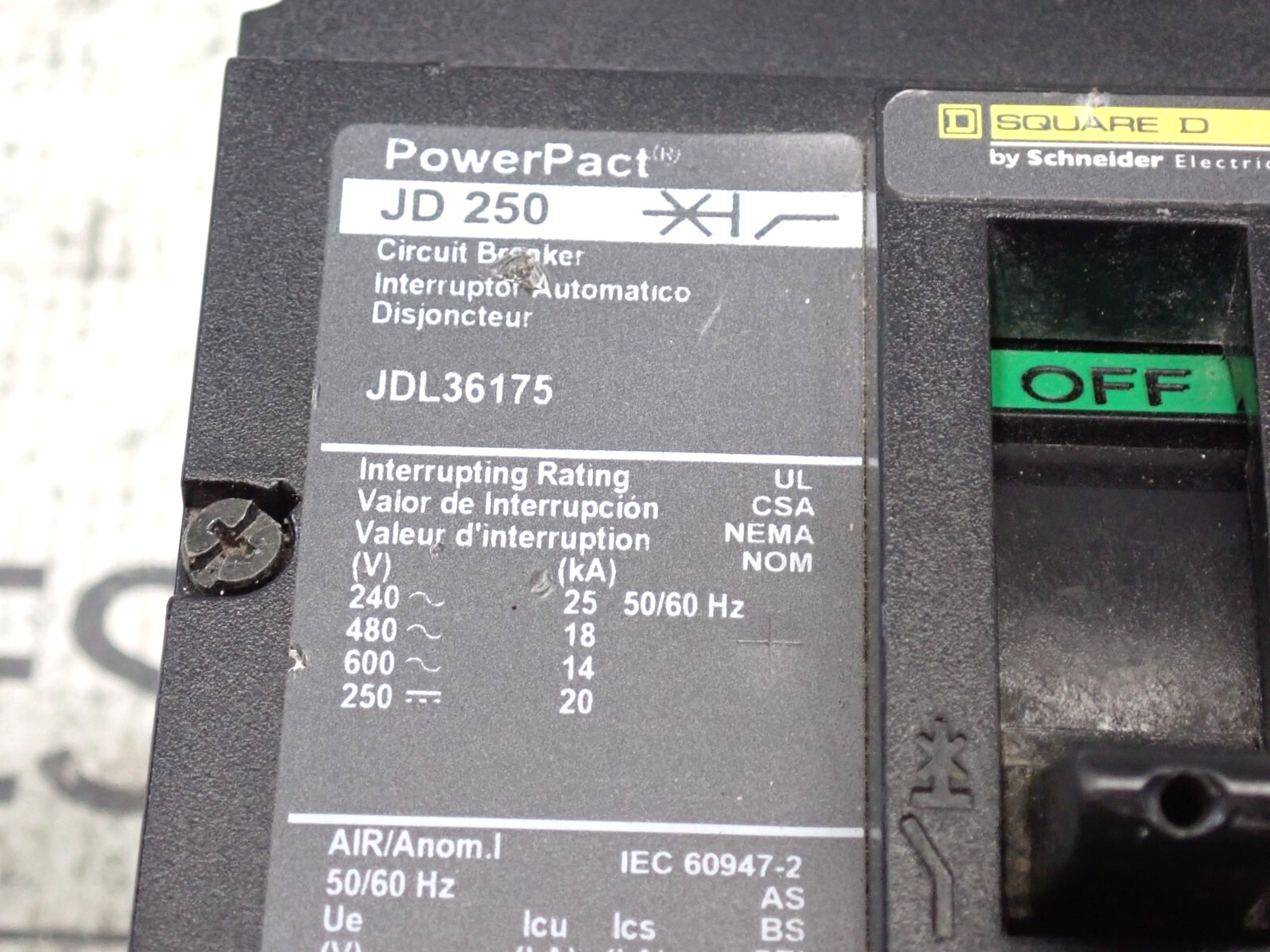 Square D JDL36175 3 Pole 175 Amp 600 Volt 18kA@480V Circuit Breaker – Tested