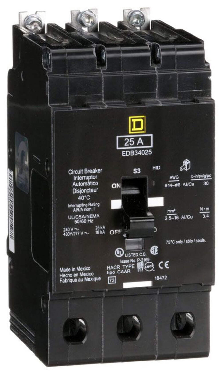 EDB34025 Square D Bolt-on 480V 25A 3 pole circuit breaker 18kA@480V Factory New