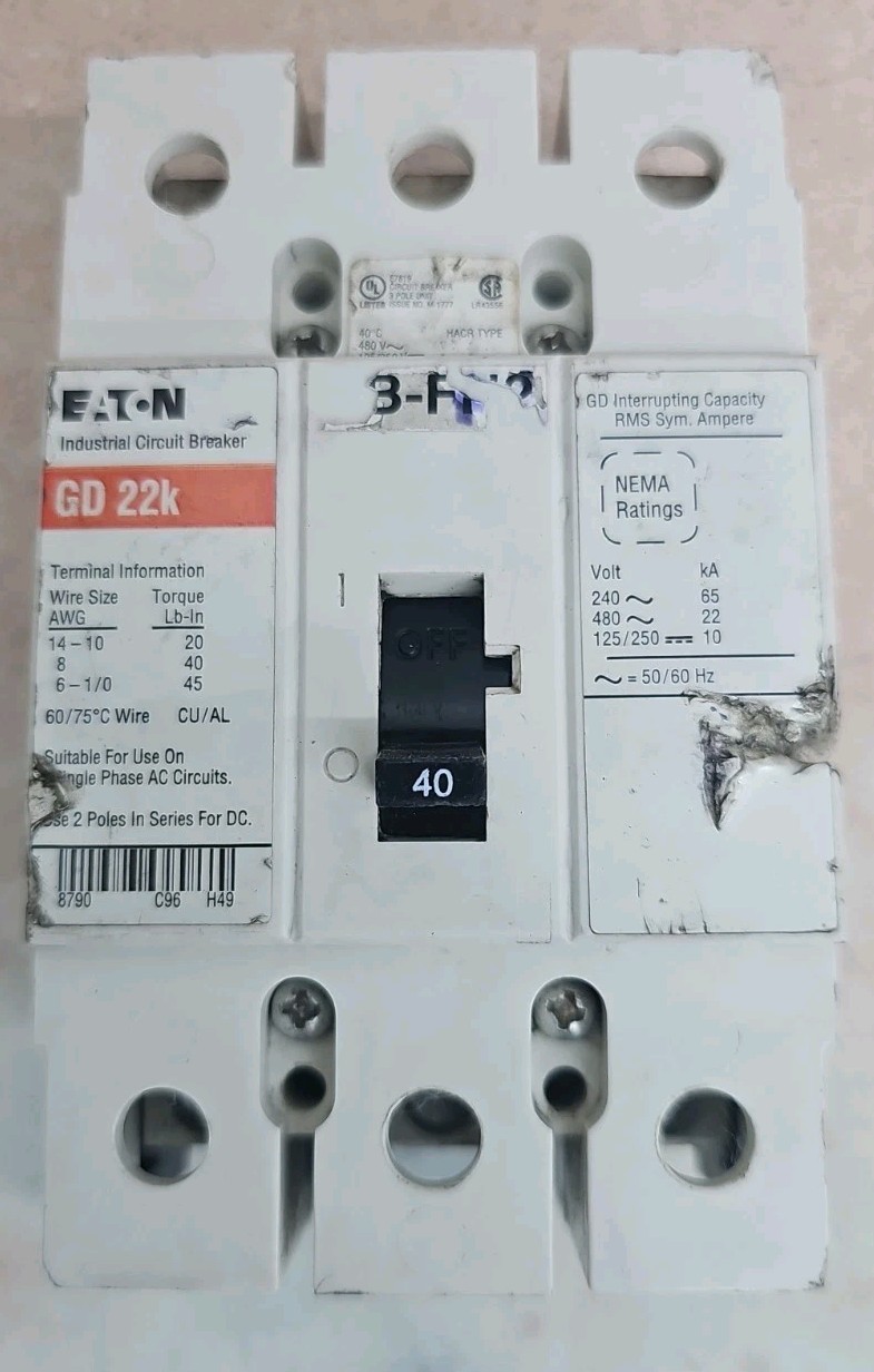Eaton GD3040 40 Amp, 3 Pole, 480 Volts Circuit Breaker SEE PICS