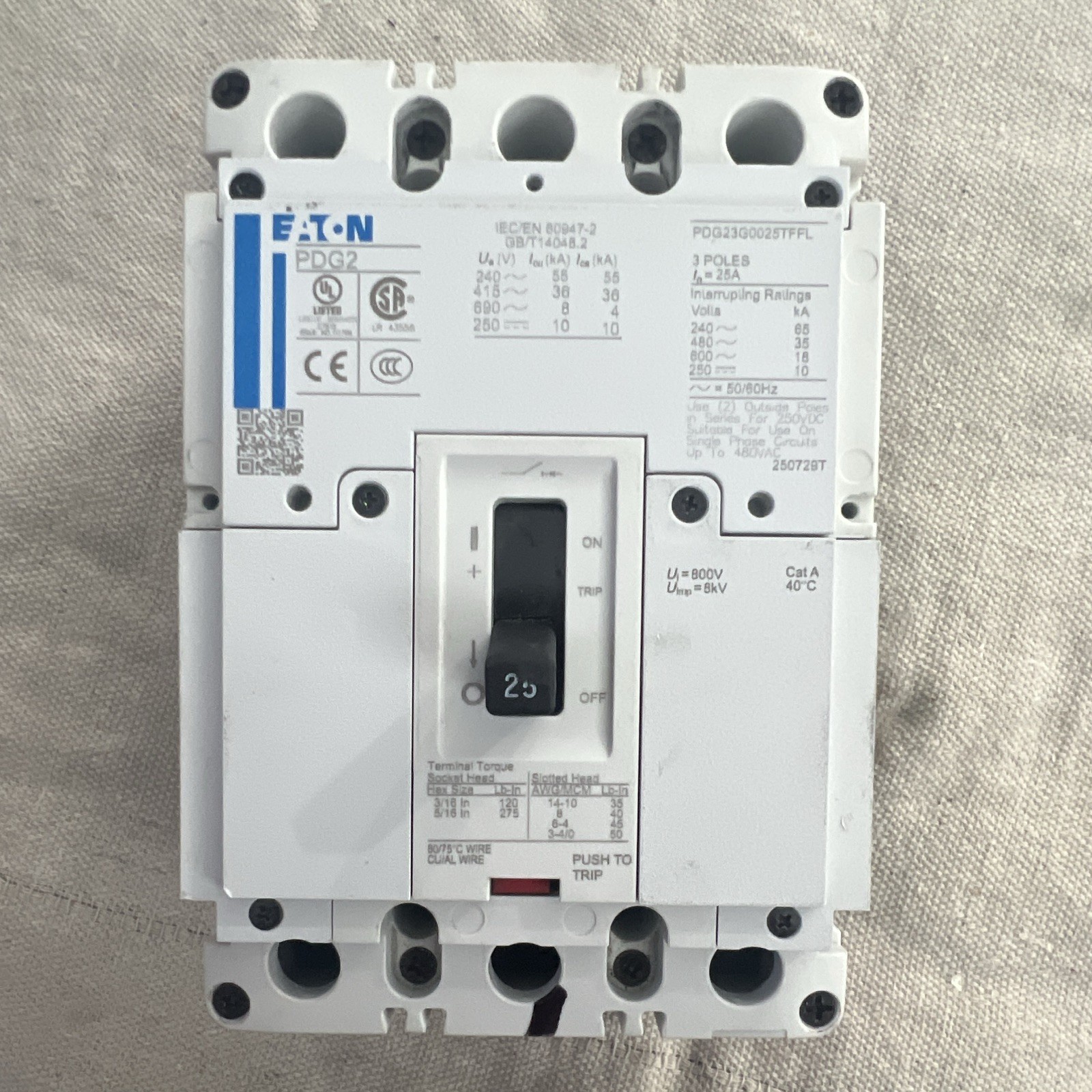 Eaton PDG23G0025TFFL Circuit Breaker 25A 3-Pole 481-500V 40C Trip
