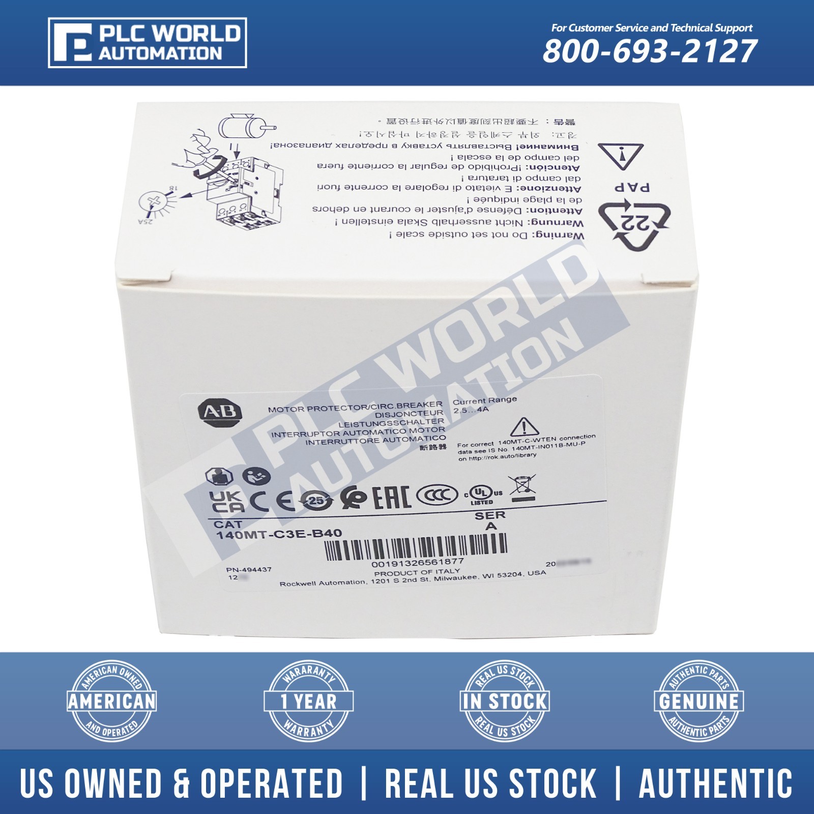 Allen Bradley 140MT-C3E-B40 /A MPCB 2.5-4.0 A, Std Magnetic Trip, Frame C, New