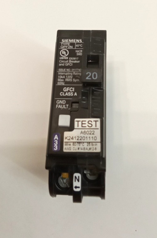Siemens QF120AN Circuit Breaker GFCI 20A 1-Pole 120VAC Plug-On Neutral Self Test
