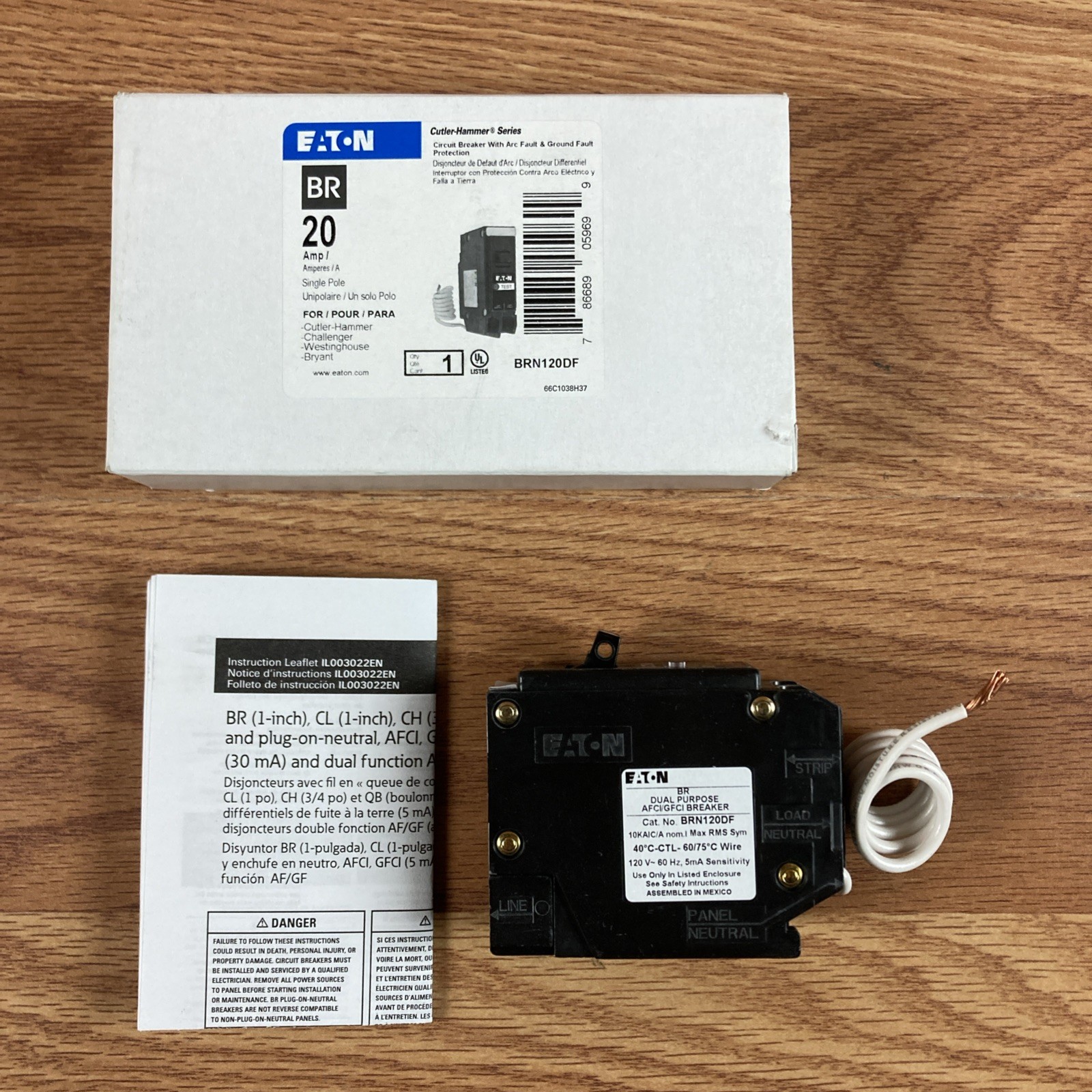 Eaton BRN120DF 20A Single Pole Function AFCI/GFCI Plug-On Circuit Breaker