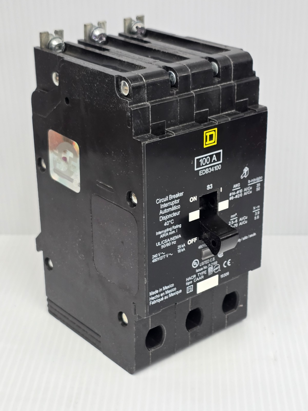 New Square D 100 Amp Bolt-On Circuit Breaker 480Y/277 VAC 3 Pole 25 kA EDB34100