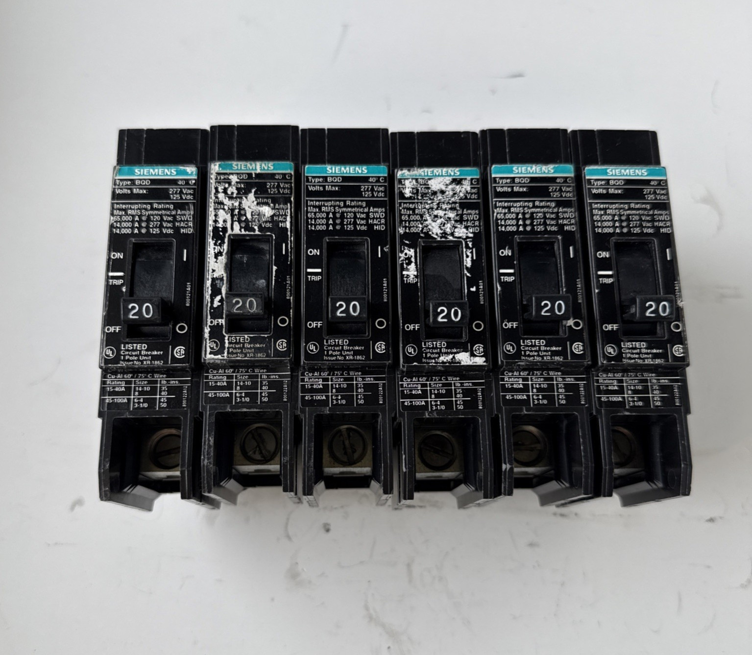 Lot of 6 Siemens BQD120 1-Pole 20A 277/480V Bolt-On Circuit Breakers 14kA