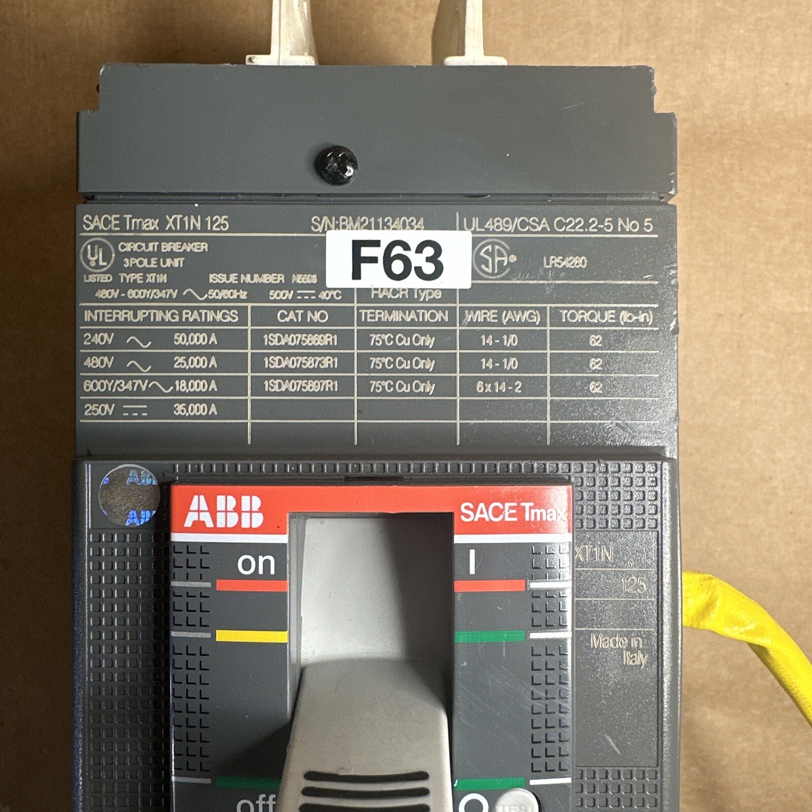ABB SACE TMAX XT1N-125 CIRCUIT BREAKER 100 AMP 600 VAC BM21134034 IEC60947-2