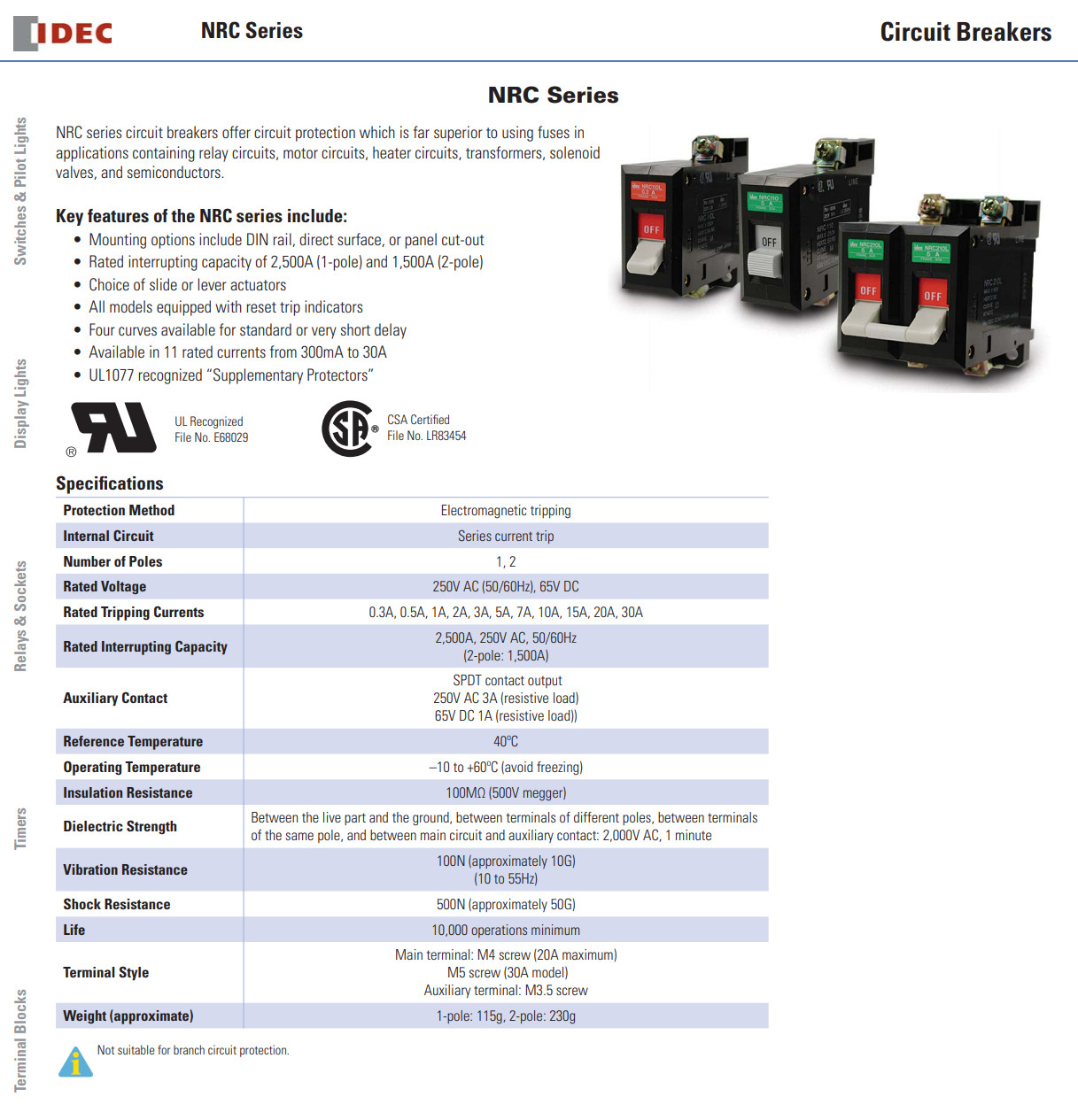 NRC110L-1AAD IDEC Circuit Breaker 1Pole 1A 65V DC A Trip Lever Actuator