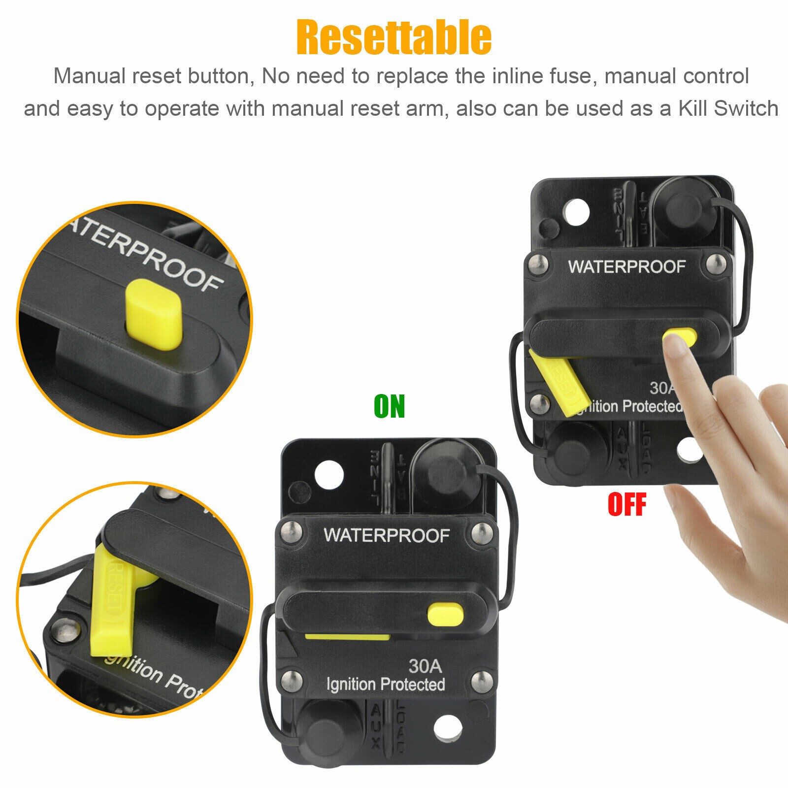 Waterproof Car Circuit Breaker Fuse Reset 30-300 Amp 12V-48V DC Car Boat Auto