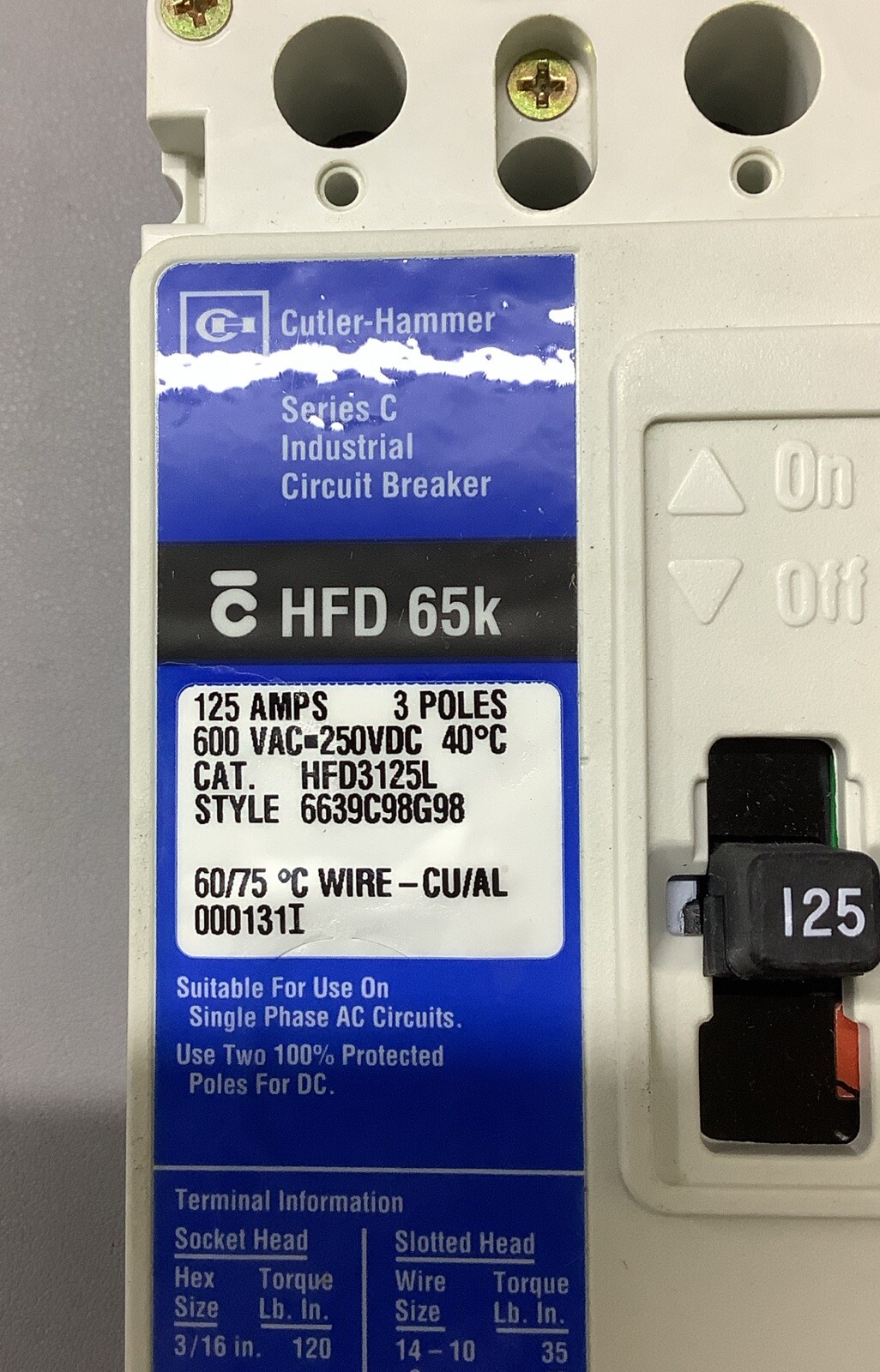 Cutler-Hammer HFD3125L Circuit Breaker 125A 600VAC (b267)