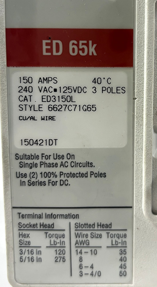 Eaton ED3150L Breaker 150A 240V AC 125V DC 3P 65kAIC Series C F-Frame